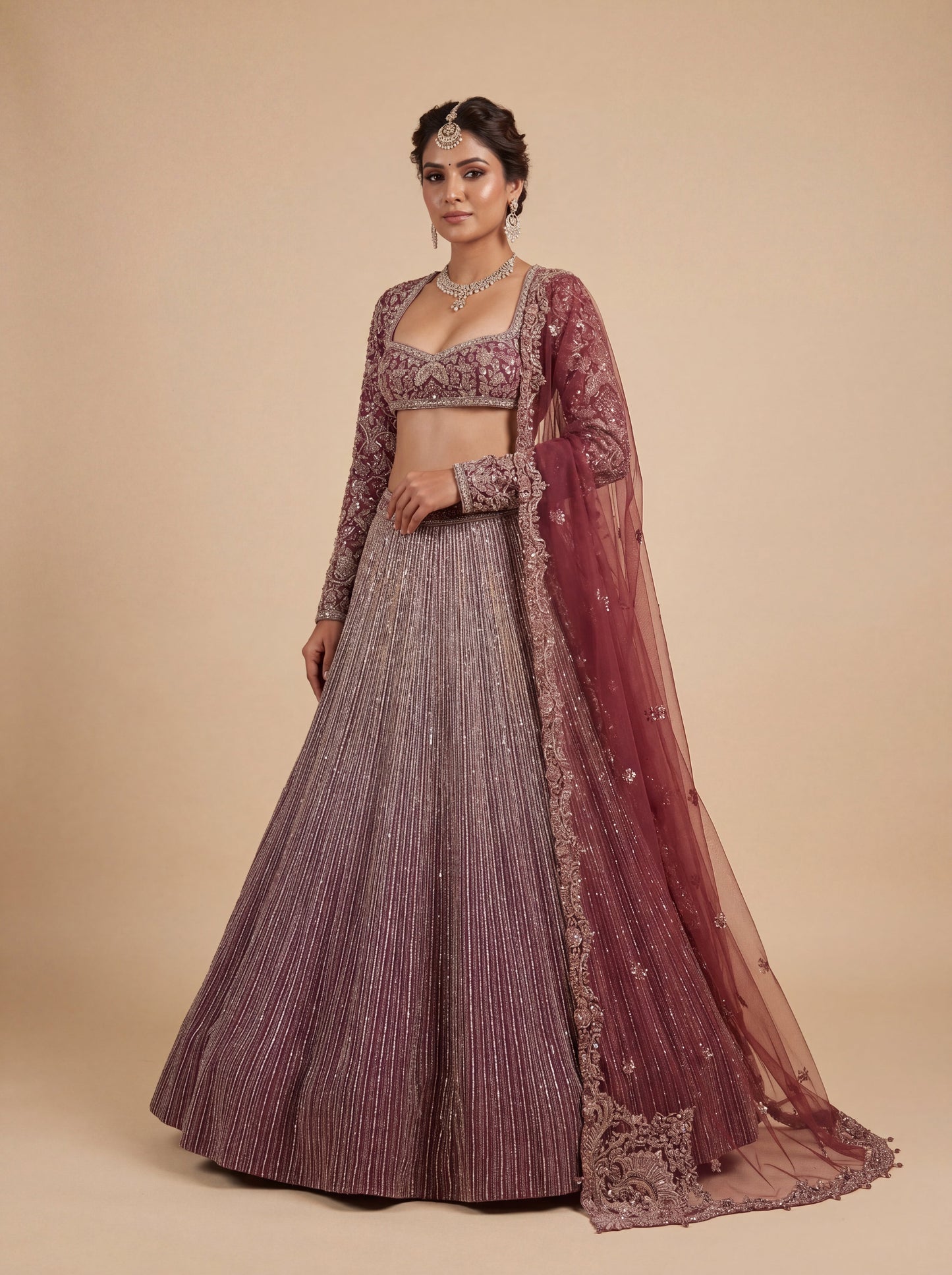 Maroon Pheras Bridal Lehenga With Embellished Skirt Trailing Dupatta