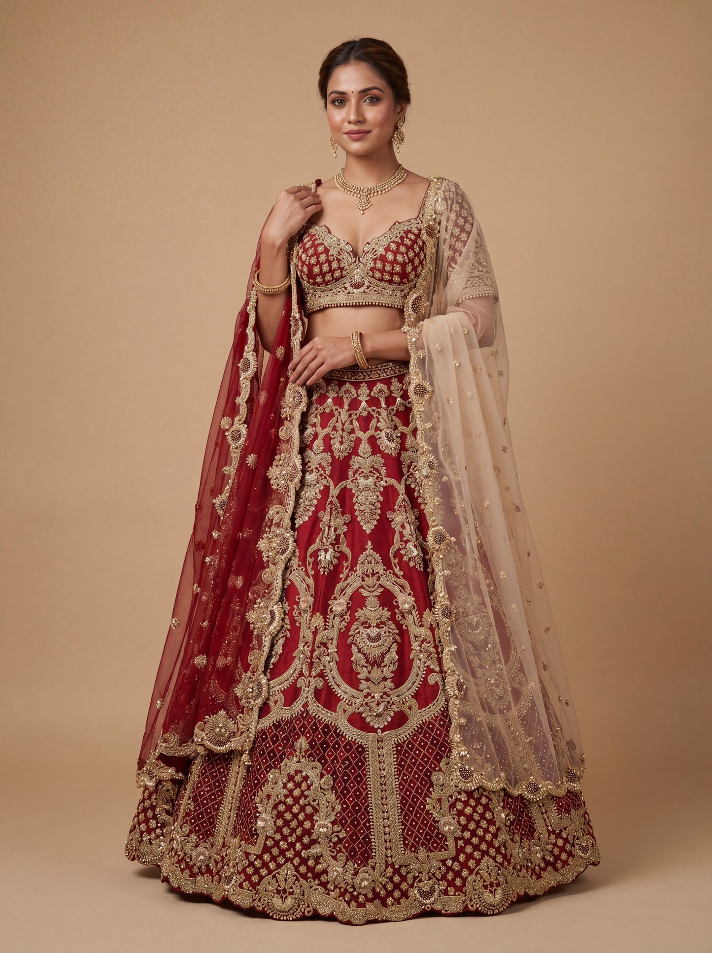 Maroon Pheras Bridal Lehenga With Golden Zari Flare