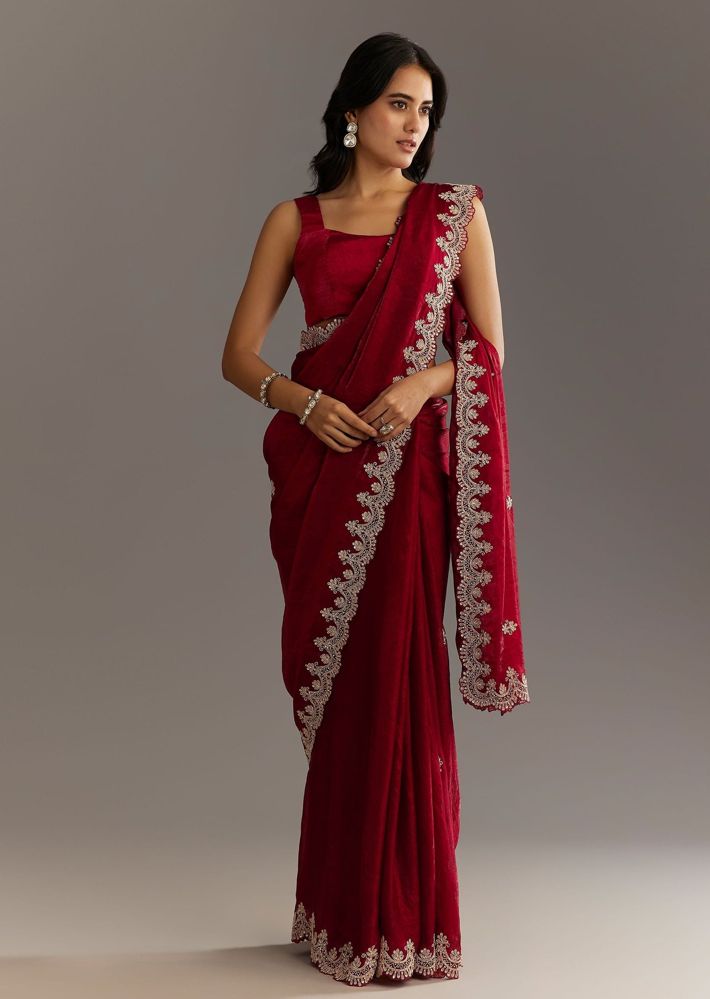 Maroon Satin Embroidered Saree With Scallop Border