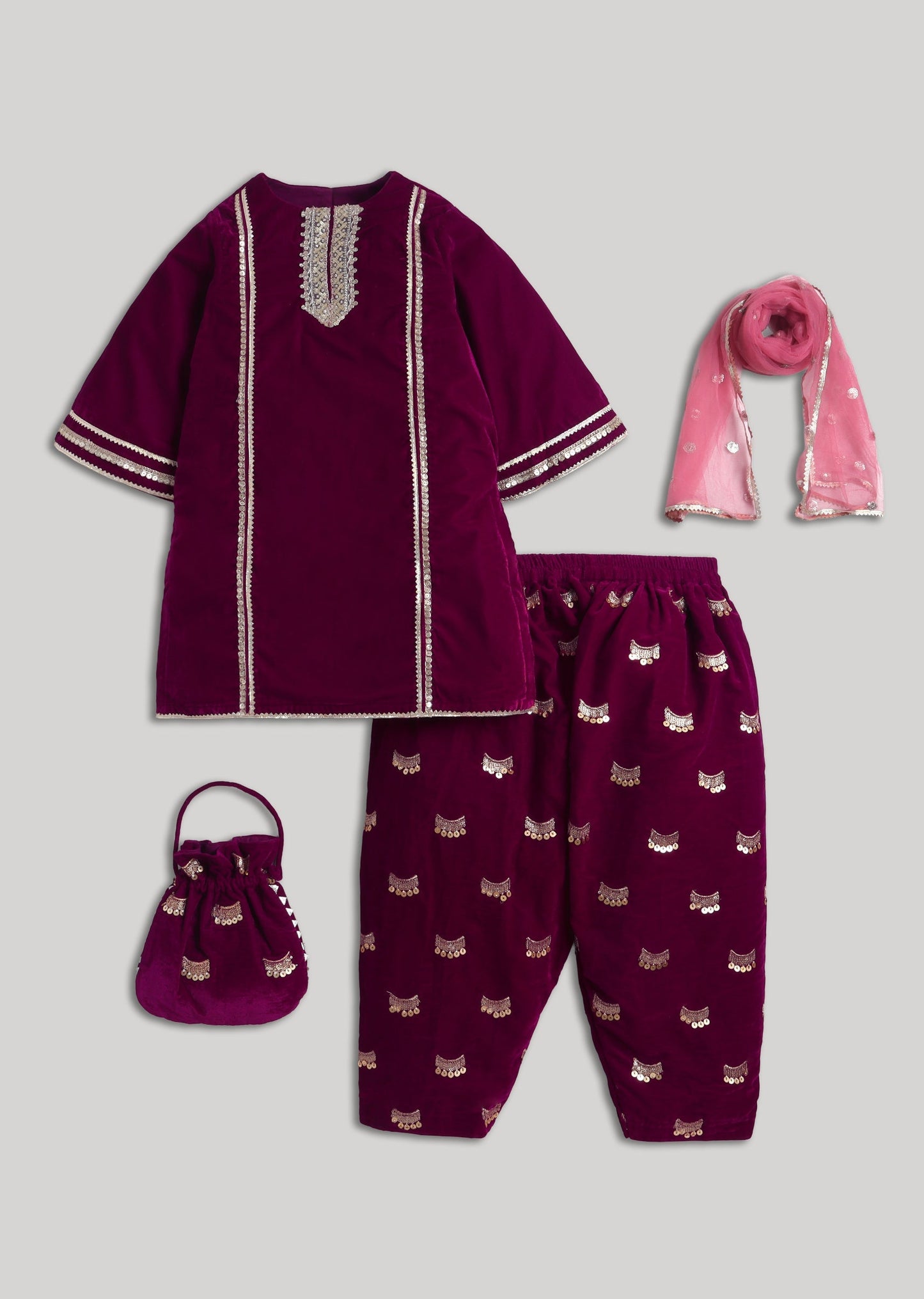 Maroon Velvet Kurta Set