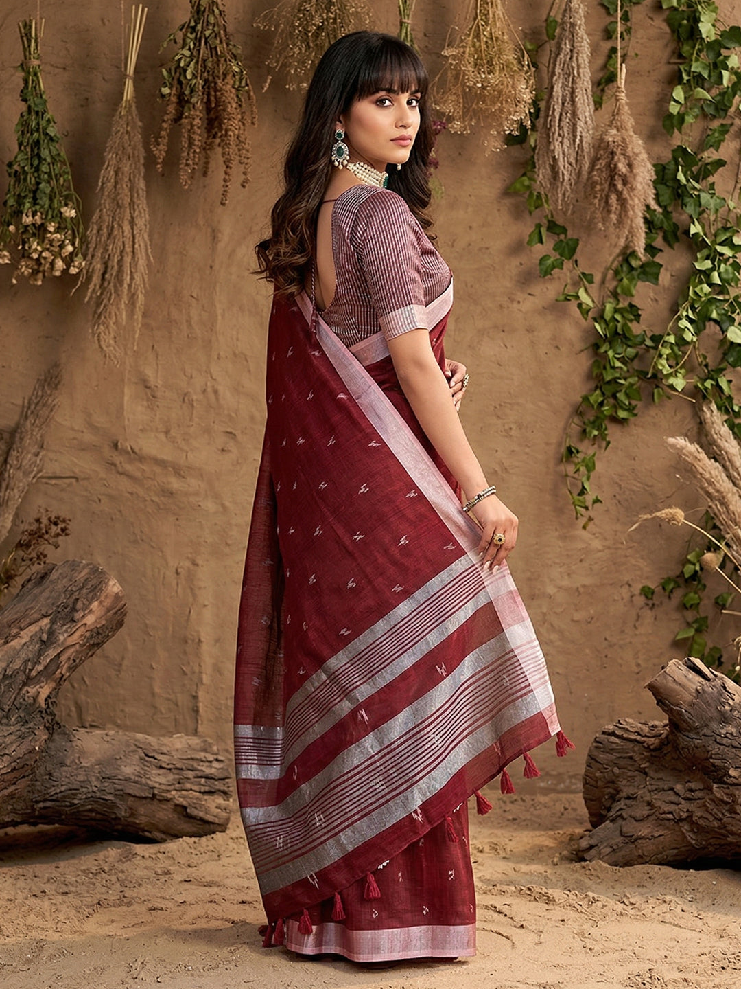 Anaita Maroon Linen Cotton Zari Work Saree With Blouse