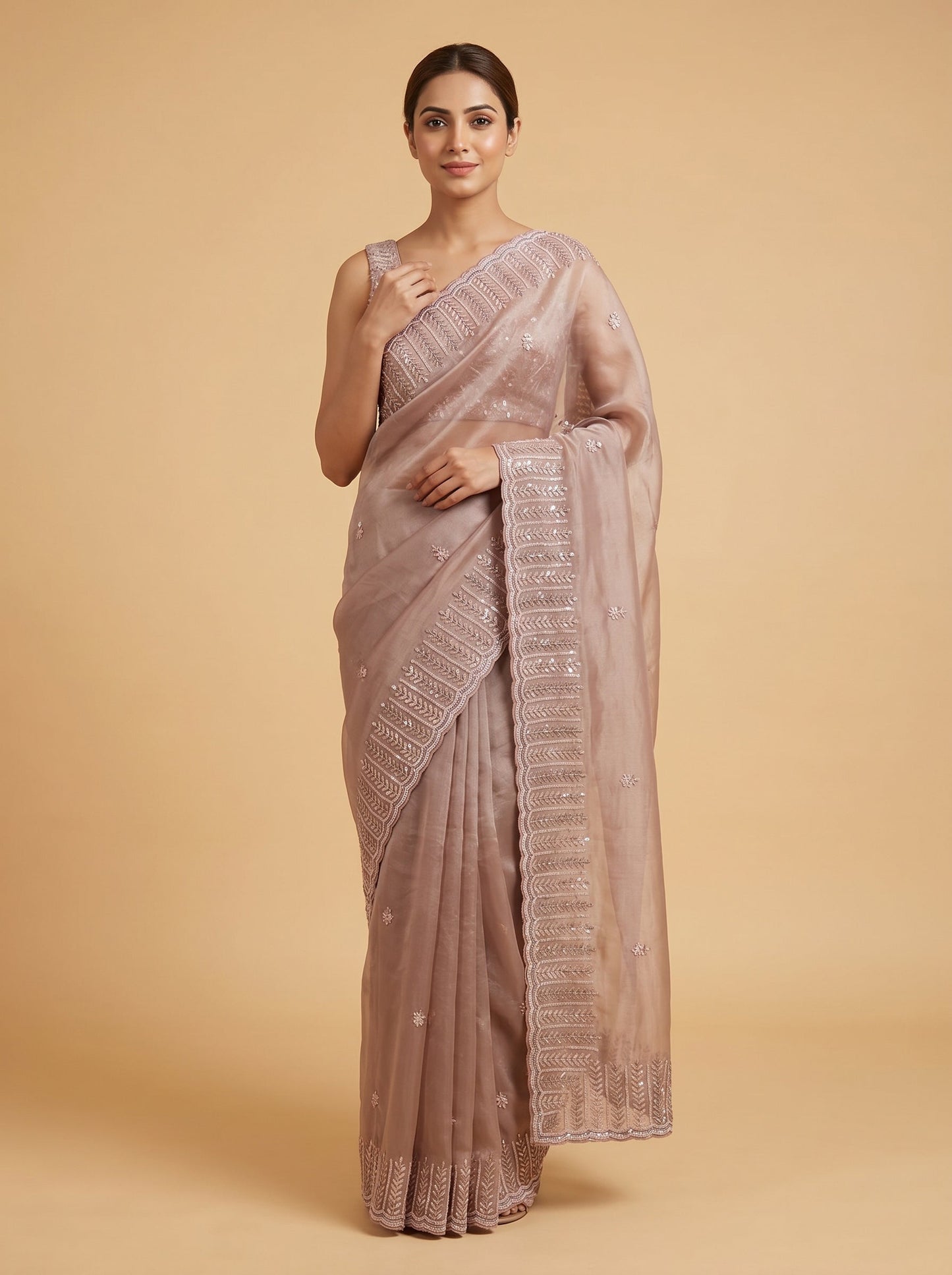 Mauve Elegant Detailing Embroidered Saree