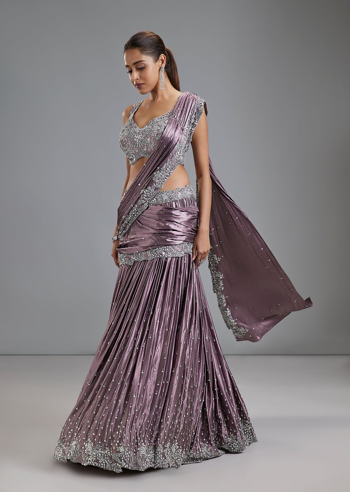 Mauve Jacquard Fusion Lehenga With Sequin Cut Dana Choli And Attached Drape