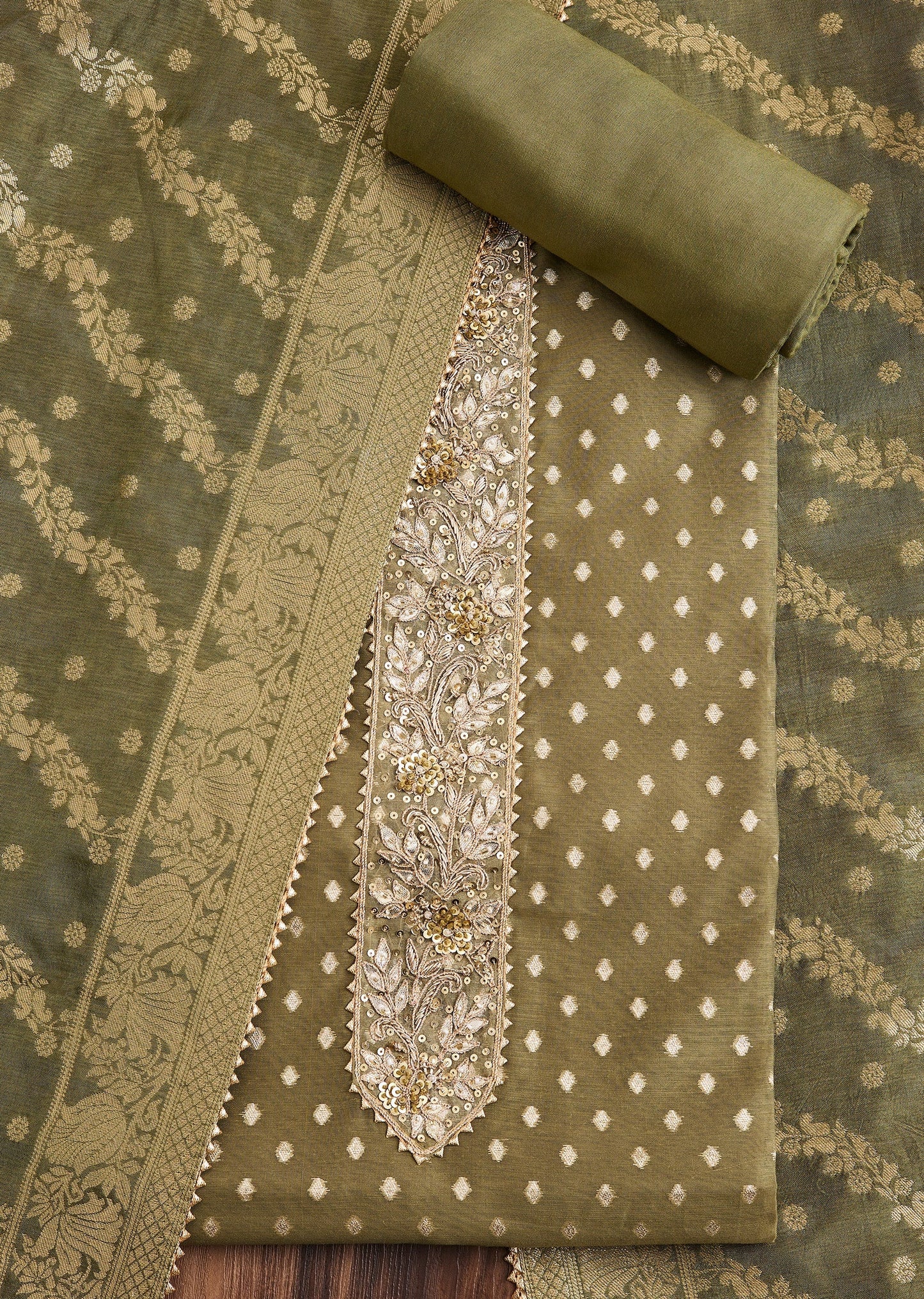Mehendi Green Chanderi Unstitched Suit