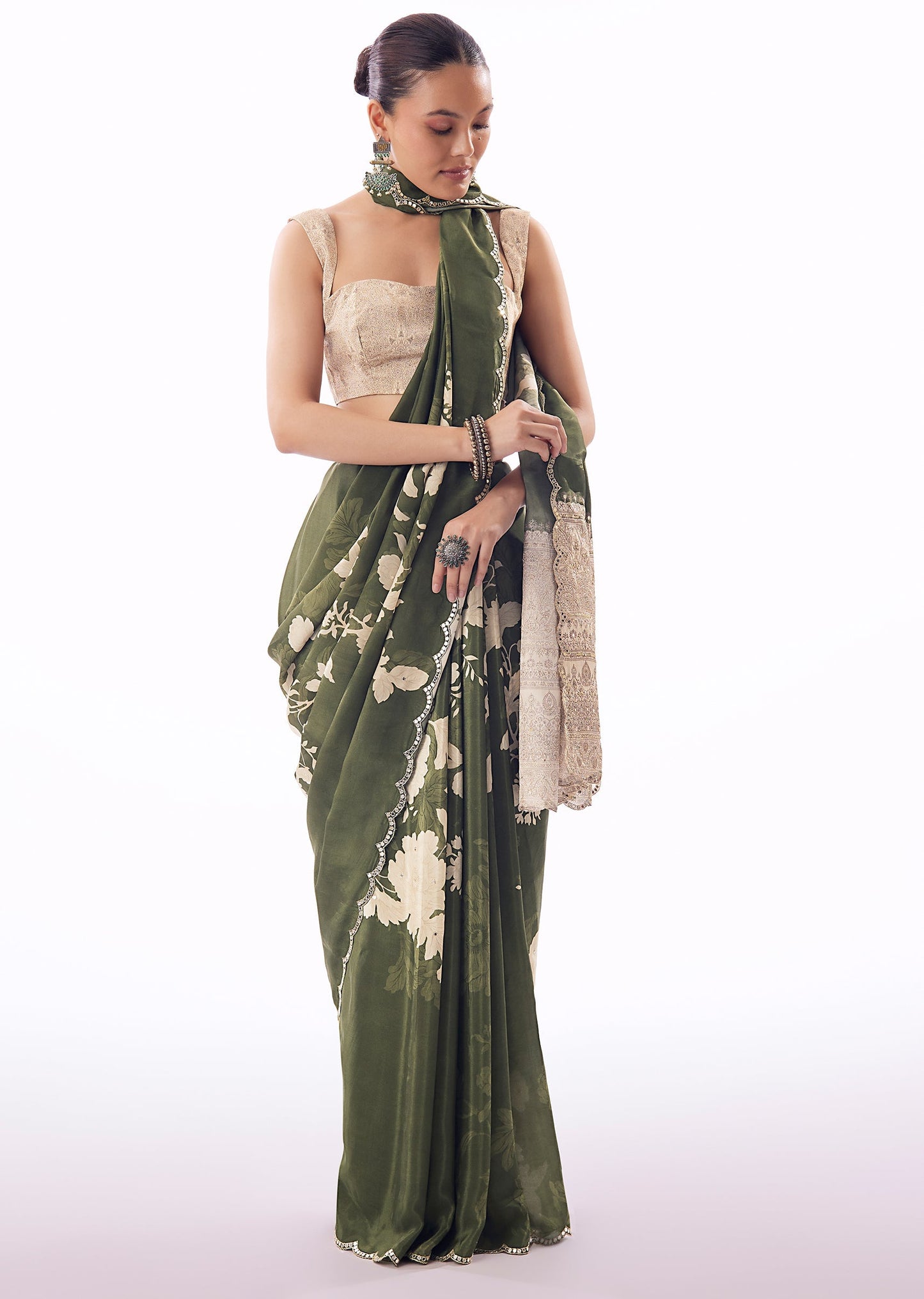 Mehendi Green Floral Printed Saree With Mirror Embroidered Pallu And Scallop Border