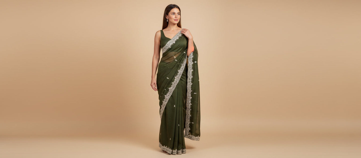 Mehendi Green Ancestral Embroidered Saree