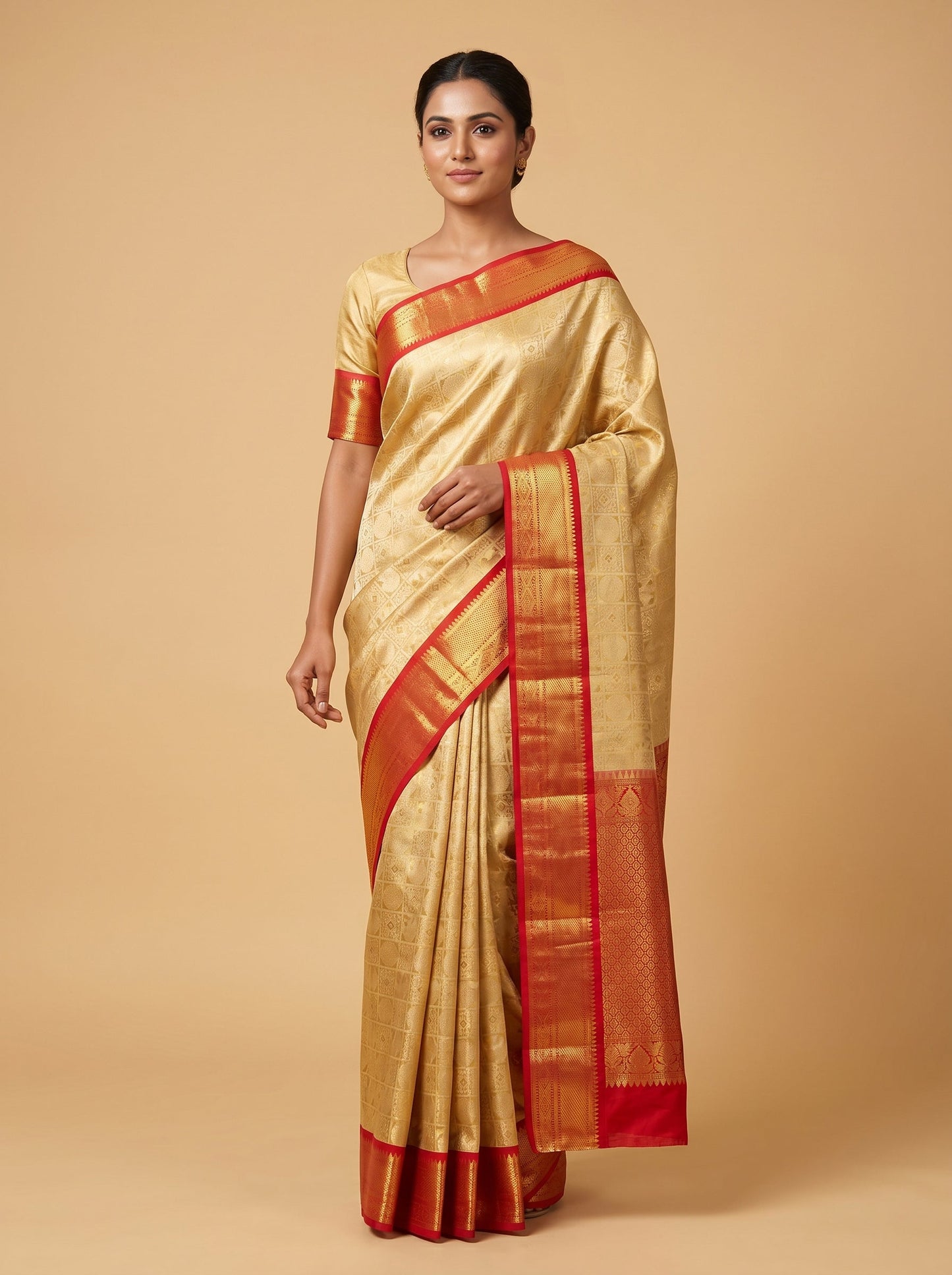 Metallic Gold Red Handloom Saree