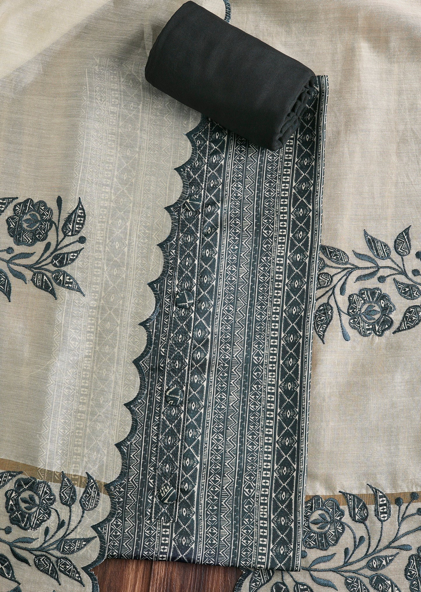 Midnight Black Cotton Printed Unstitched Suit Set