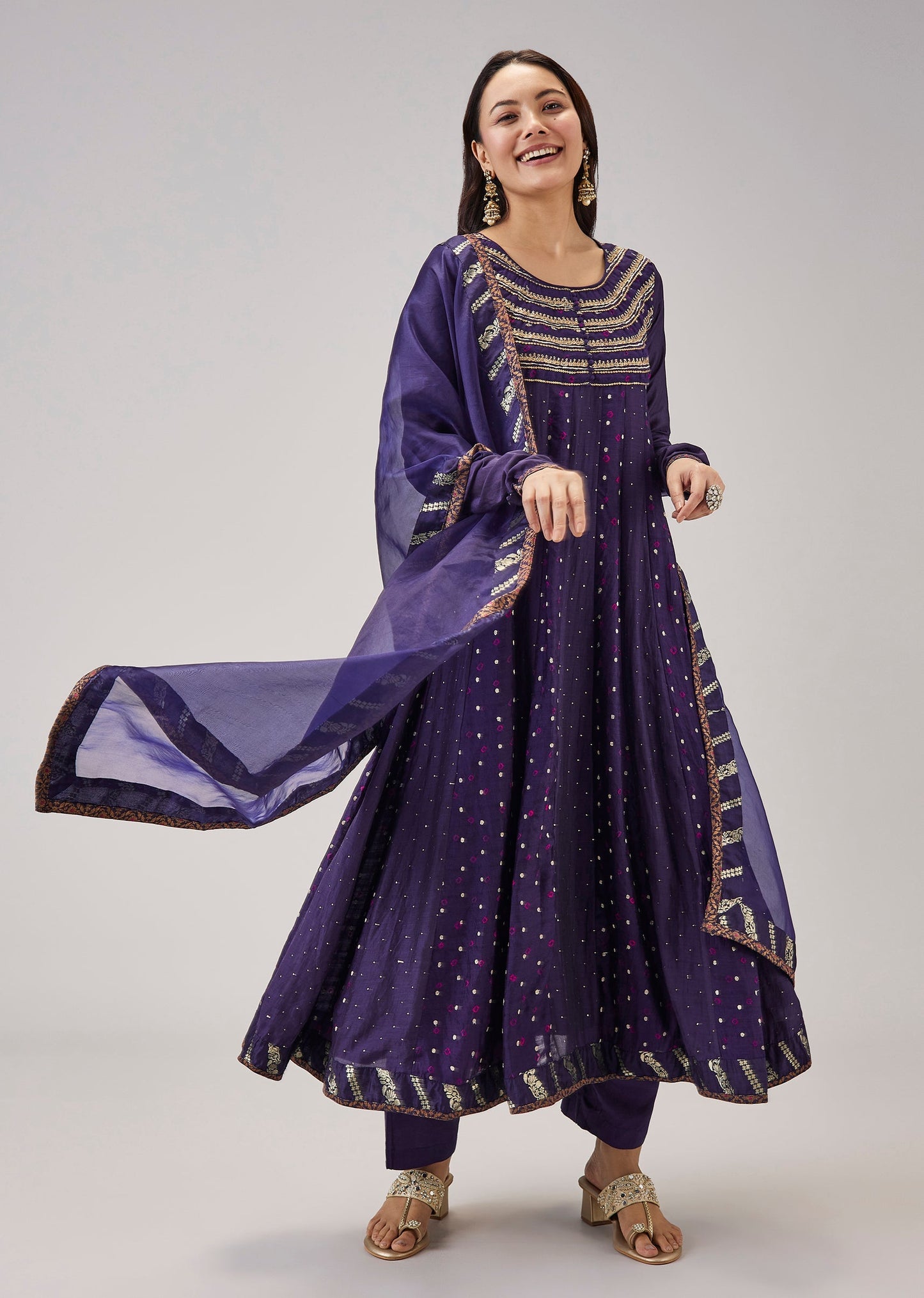 Midnight Blue Banarasi Silk Bandhani Anarkali Set With Mukaish Work