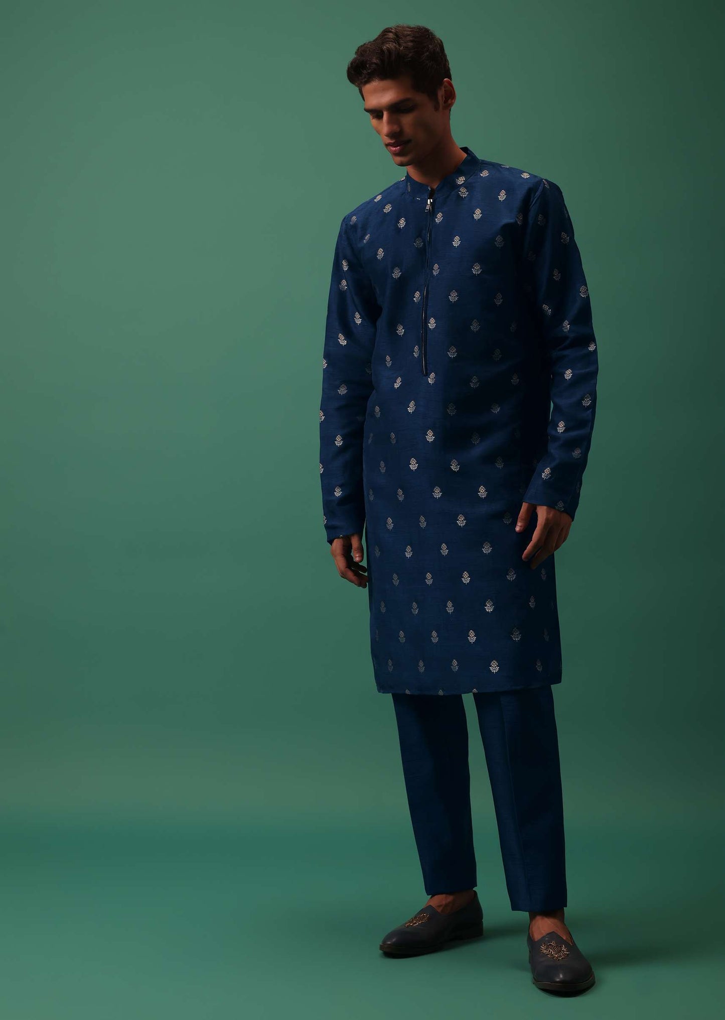 Midnight Blue Hand Embroidered Jodhpuri Set With Buta Brocade Kurta And Fusing Pants