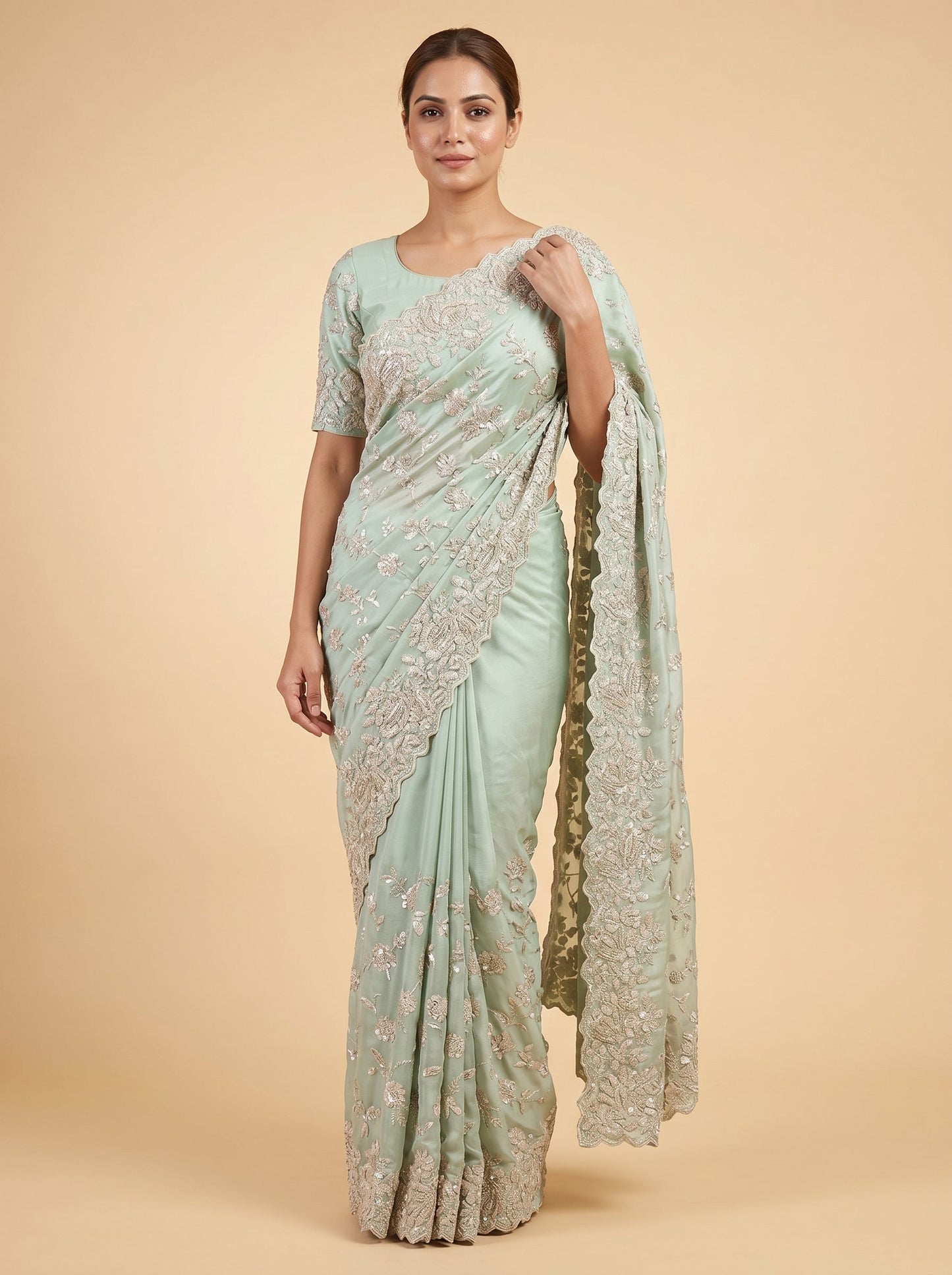 Mint Green Fresh Craft Embroidered Saree