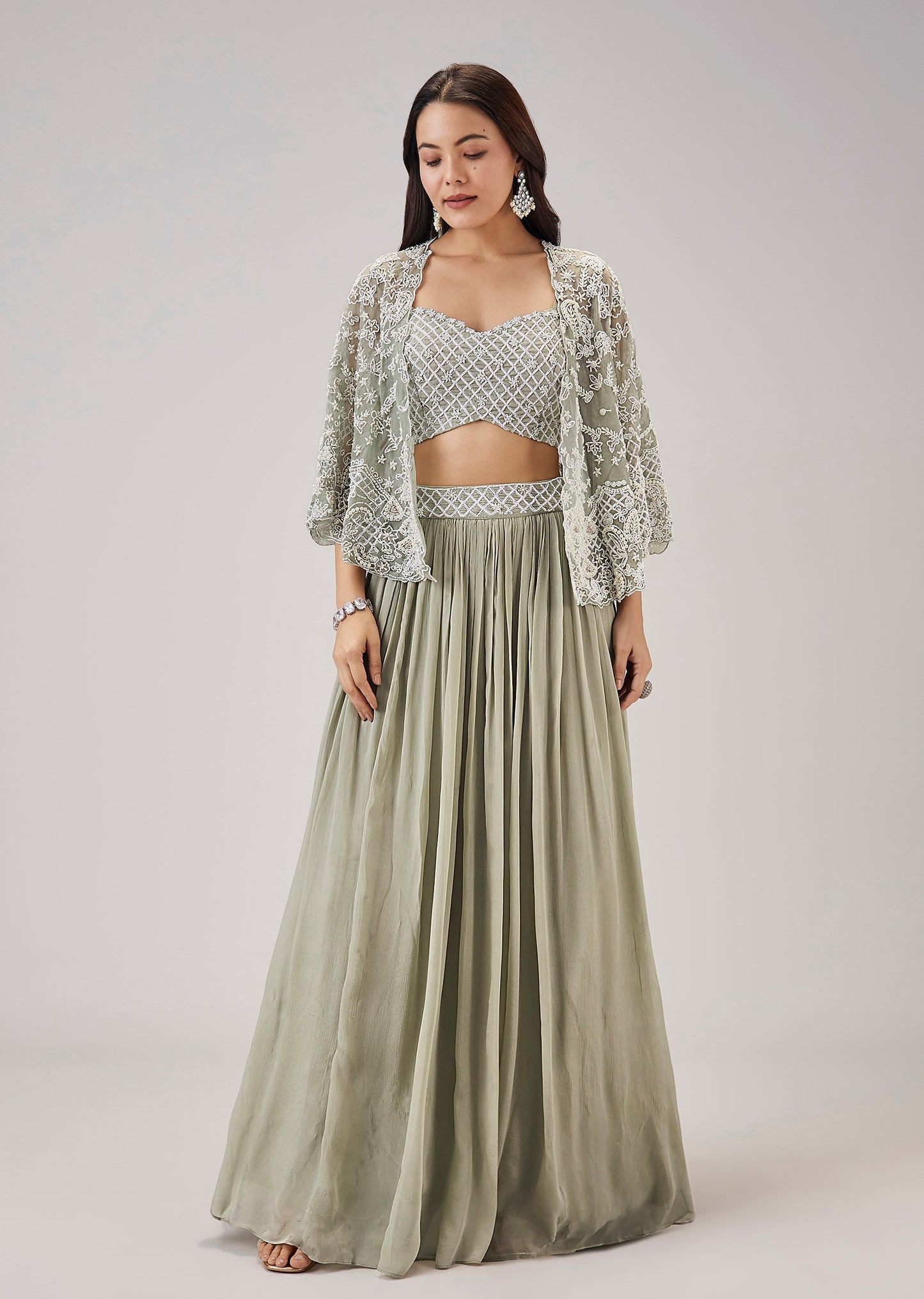 Mint Green Moti And Cut Dana Work Cape Lehenga