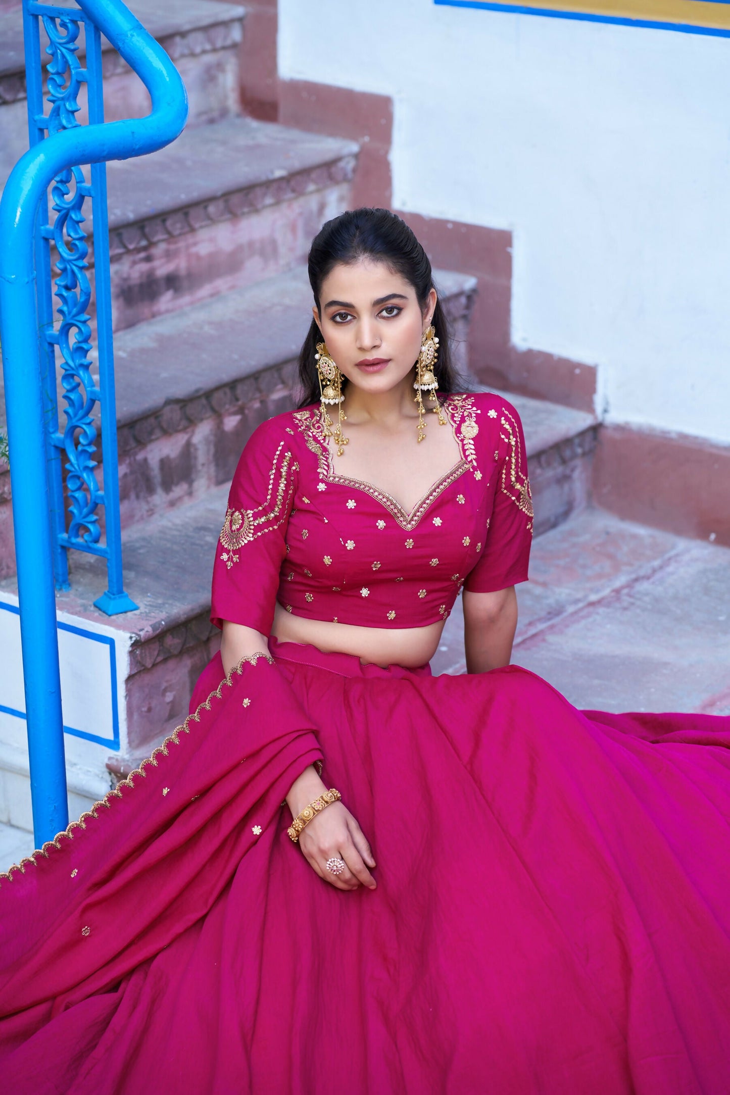 Lorenvalley Fashion Ranipink NC Silk Plain Lehenga Embroidery Work Choli with Dupatta