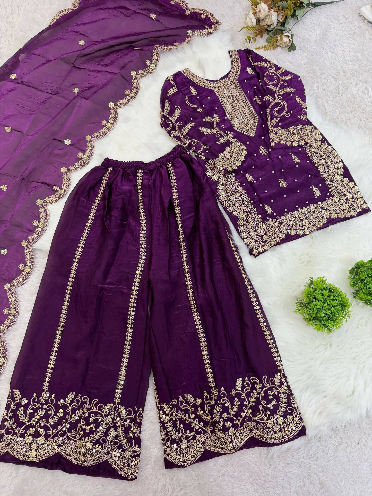 Teeya Creation Girls Heavy Embroidery Purple Ethnic Kurta And Palazzo Set With Net Dupatta