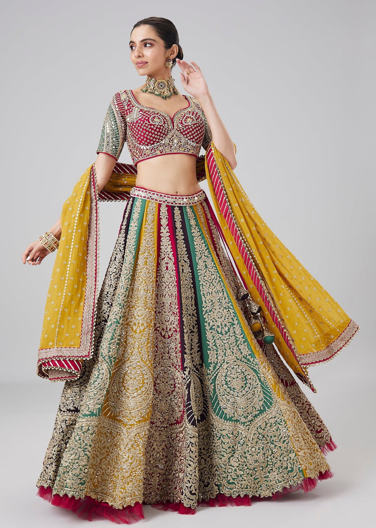 Multi Coloured Embroidered Kali Lehenga Set With Dupatta