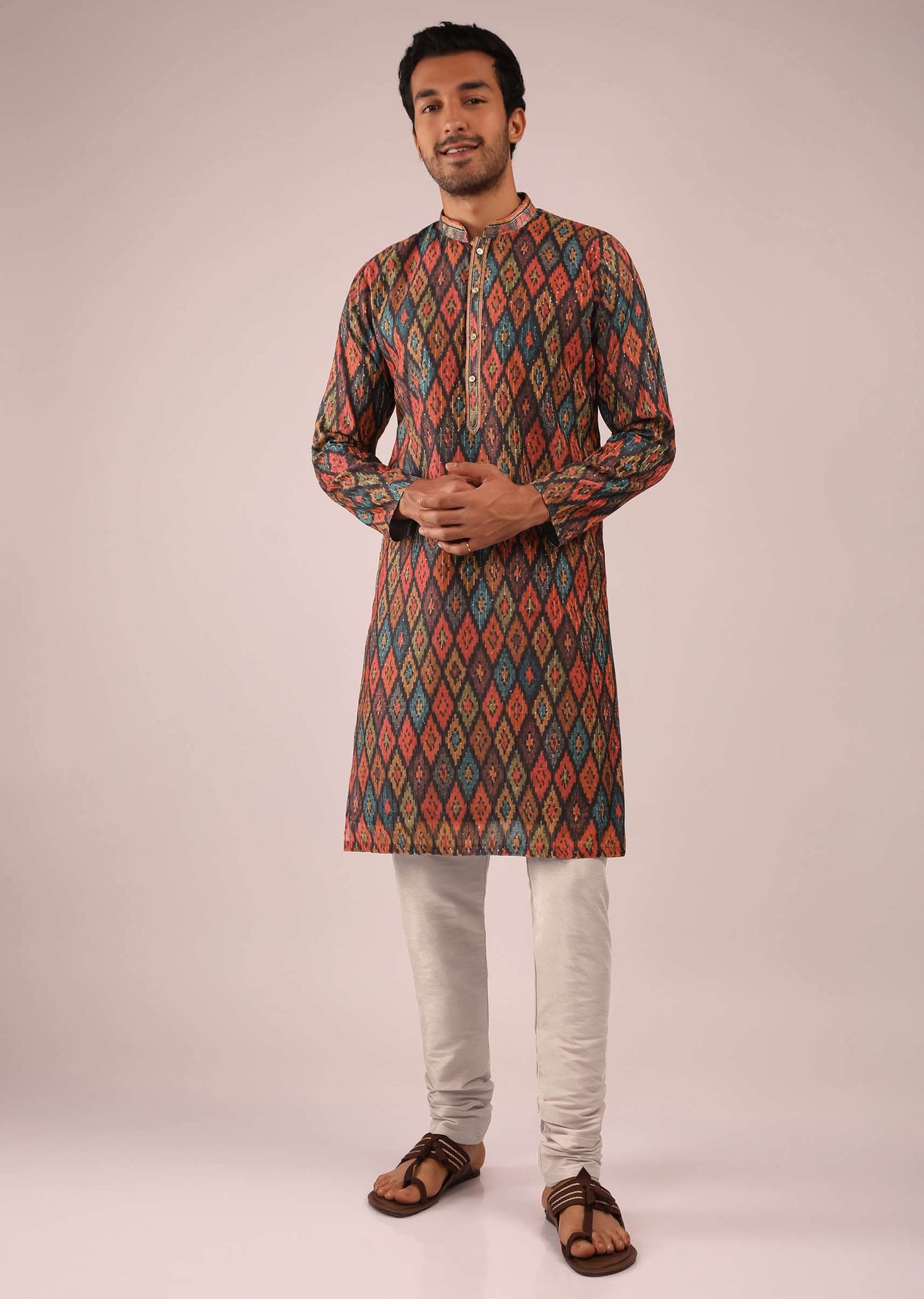 Multi Colored Kurta Set In Silk With Ikkat Printed Jaal And Sequin Accents