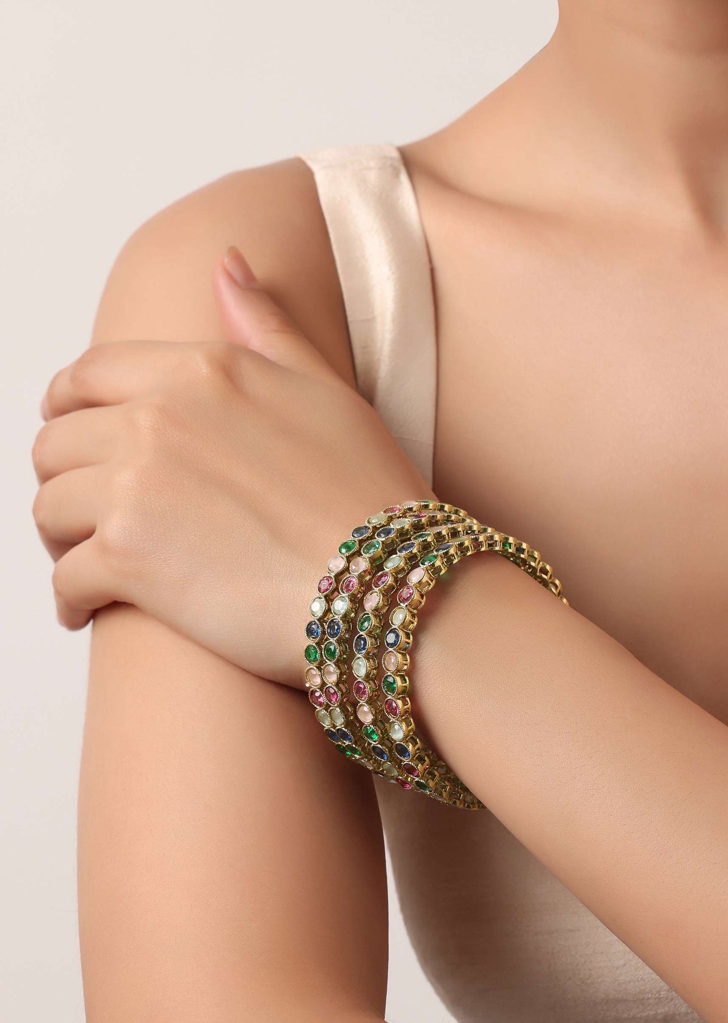 Multicolor Kundan Bangles With Encrusted Stones Set of 4)