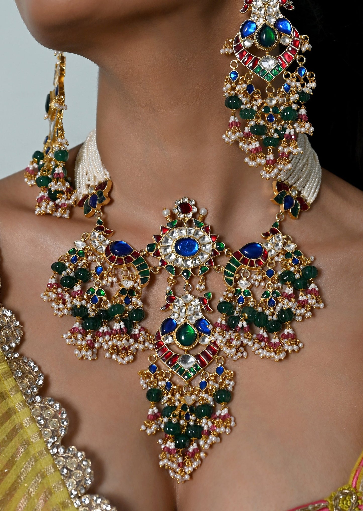 Multicolour And White Jadau Kundan Necklace Set With Earrings