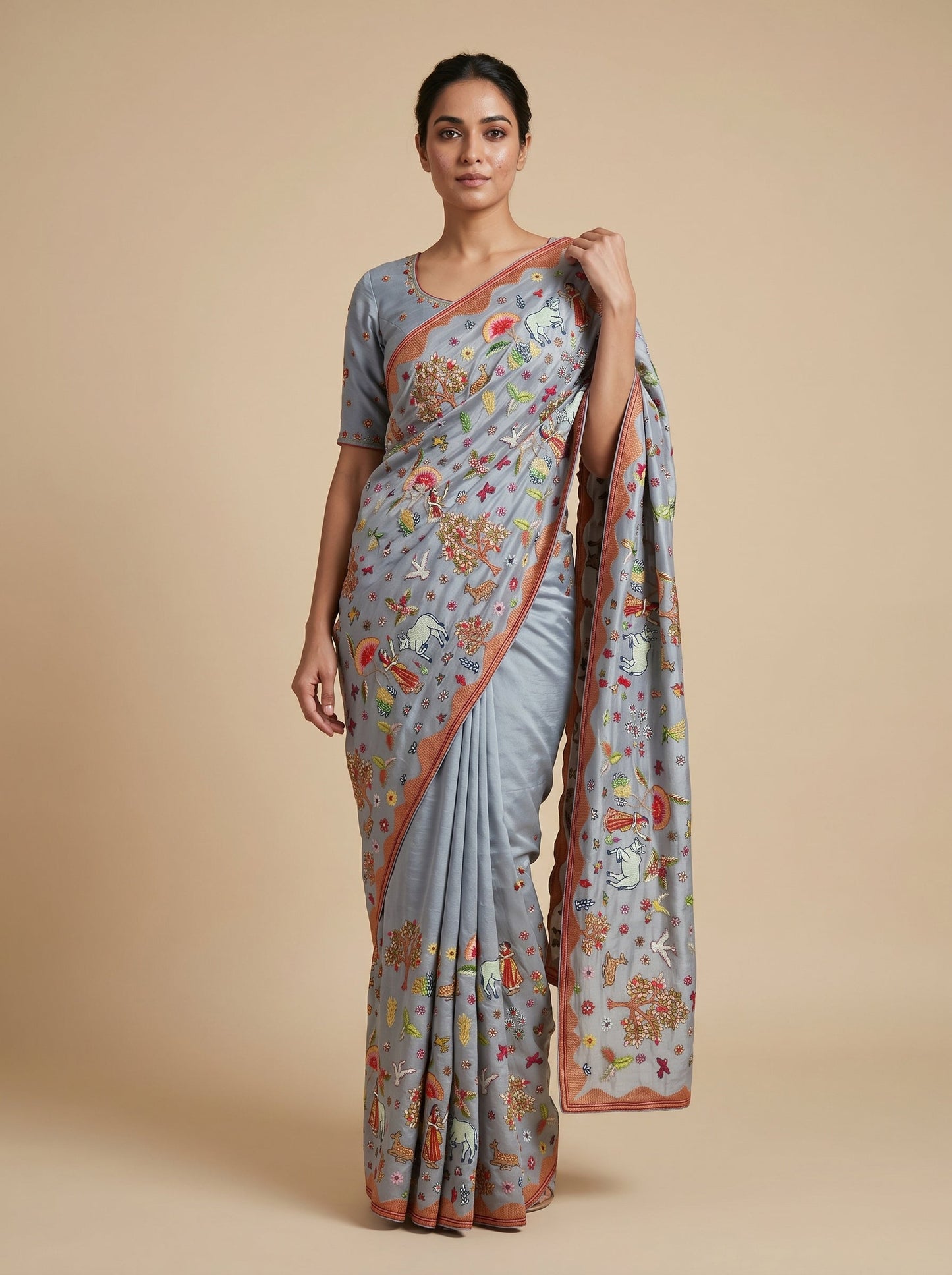 Multicolour embroidered saree with detailed weave