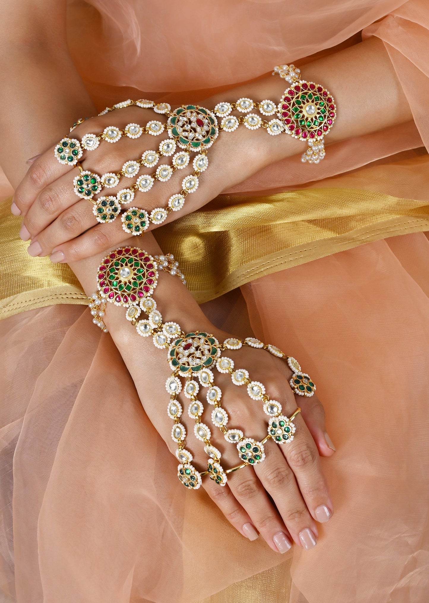 Multicolour Jadau Kundan Bridal Haathphool Set