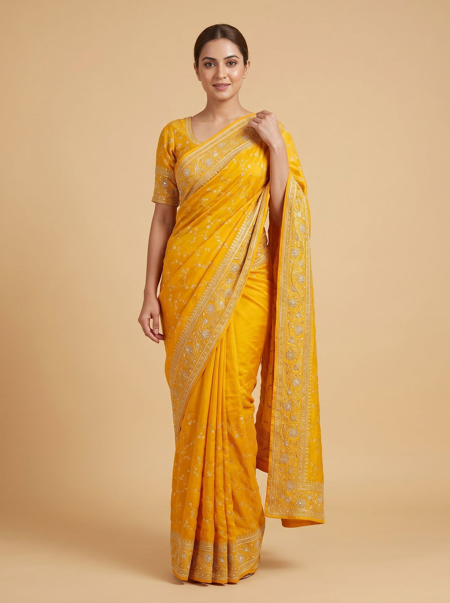Mustard Detailed Stitch Saree