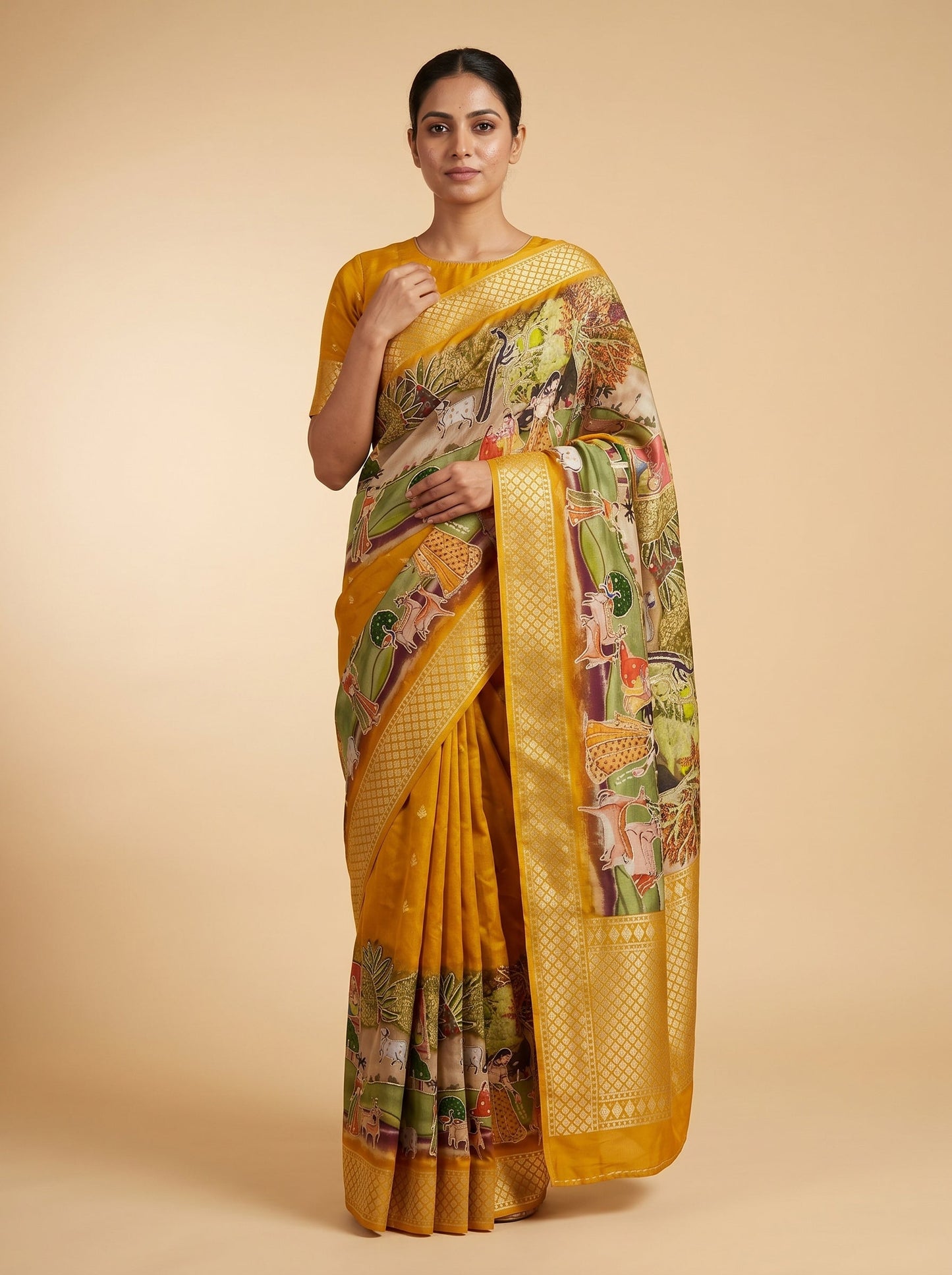 Mustard embroidered saree with traditional motifs