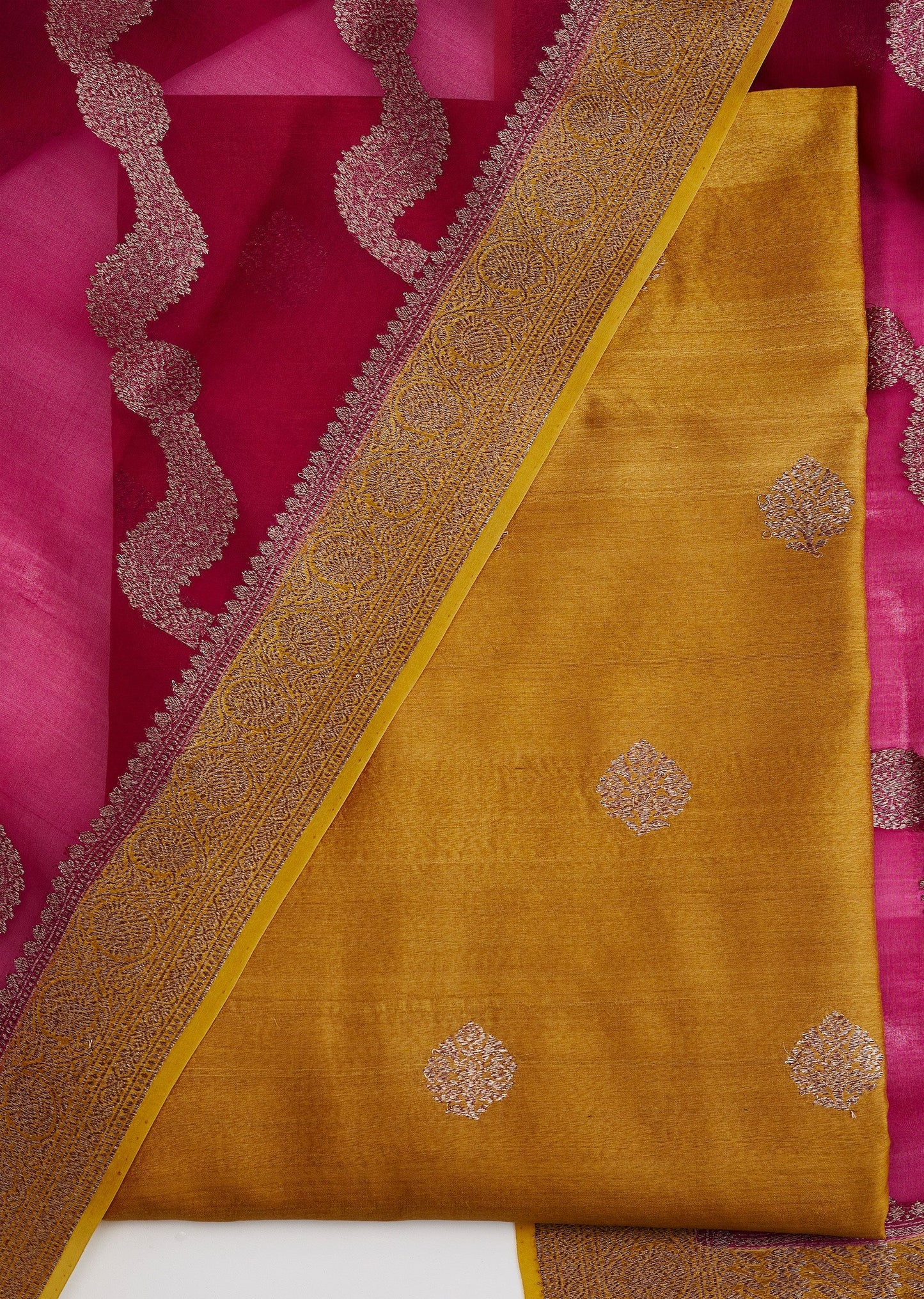 Mustard Yellow Banarasi Silk Unstitched Suit Set With Contrast Dupatta