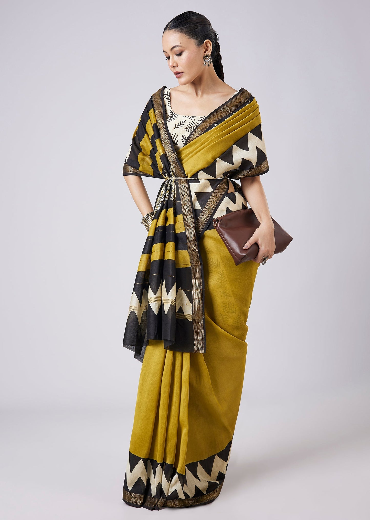 Mustard Yellow Block Printed Saree with Unstitched Blouse