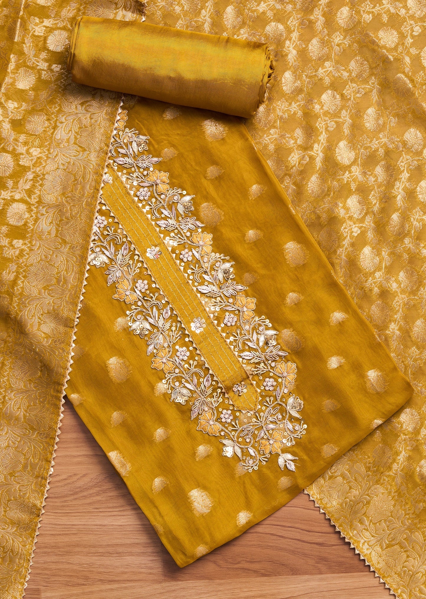 Mustard Yellow Organza Brocade Unstitched Suit Set