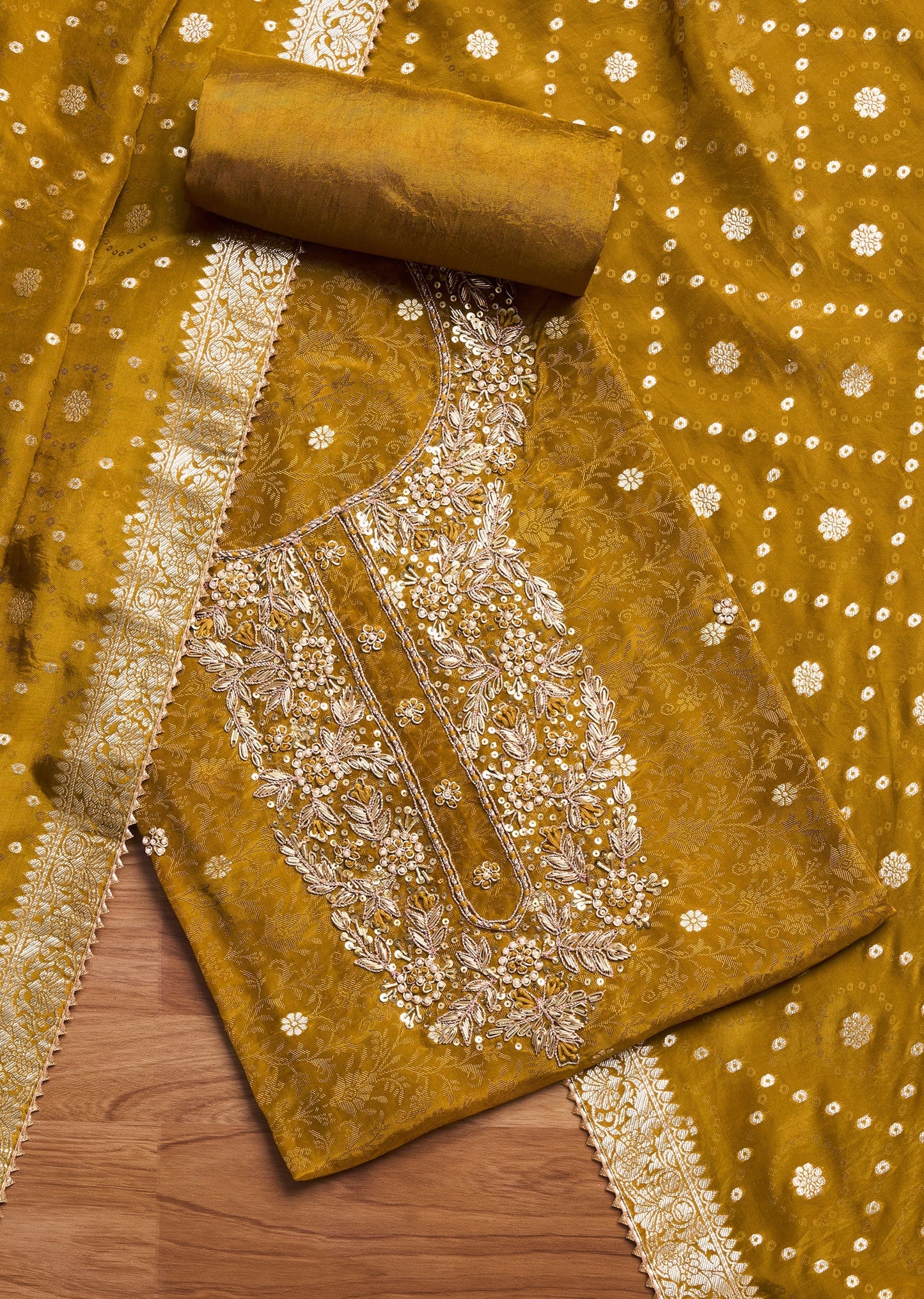 Mustard Yellow Tissue Embroidered Unstitched Suit Set