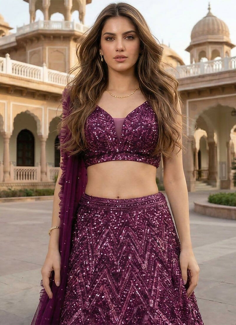 Lehenga Mart Wine Velvet Designer Bollywood Style Wedding Wear Lehenga Choli
