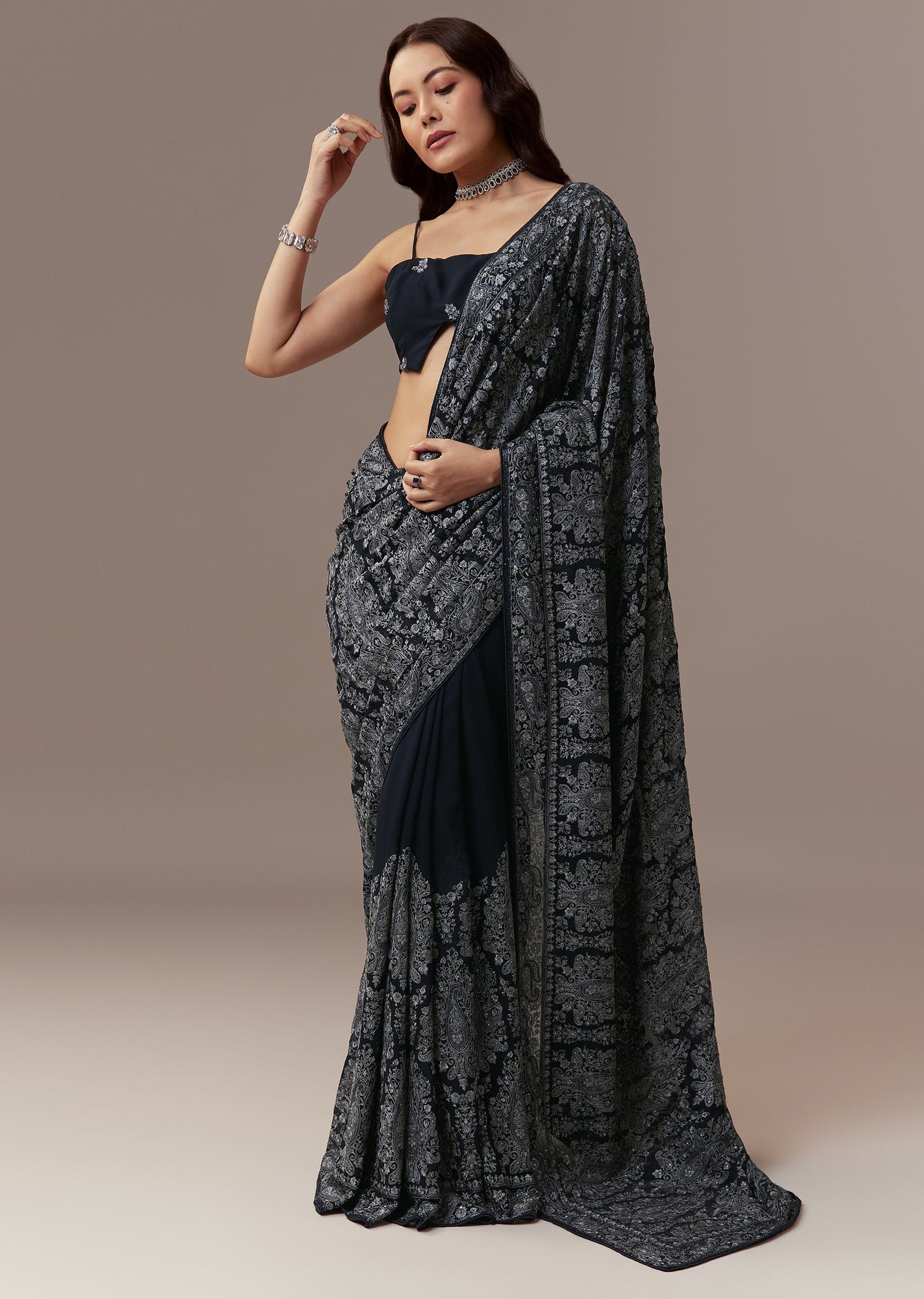 Navy Blue Georgette Saree With Resham Thread And Cutdana Embroidery