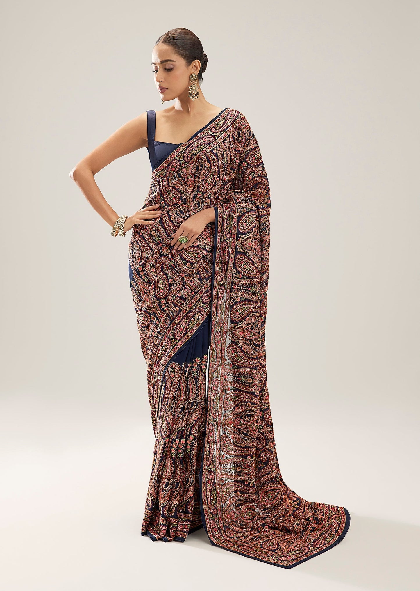 Navy Blue Georgette Saree With Resham Thread Embroidery