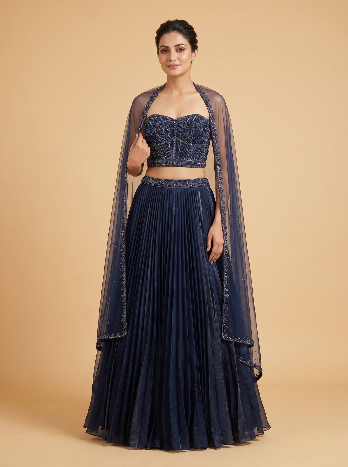 Navy Blue Indowestern Lehenga With Cape Sleeves