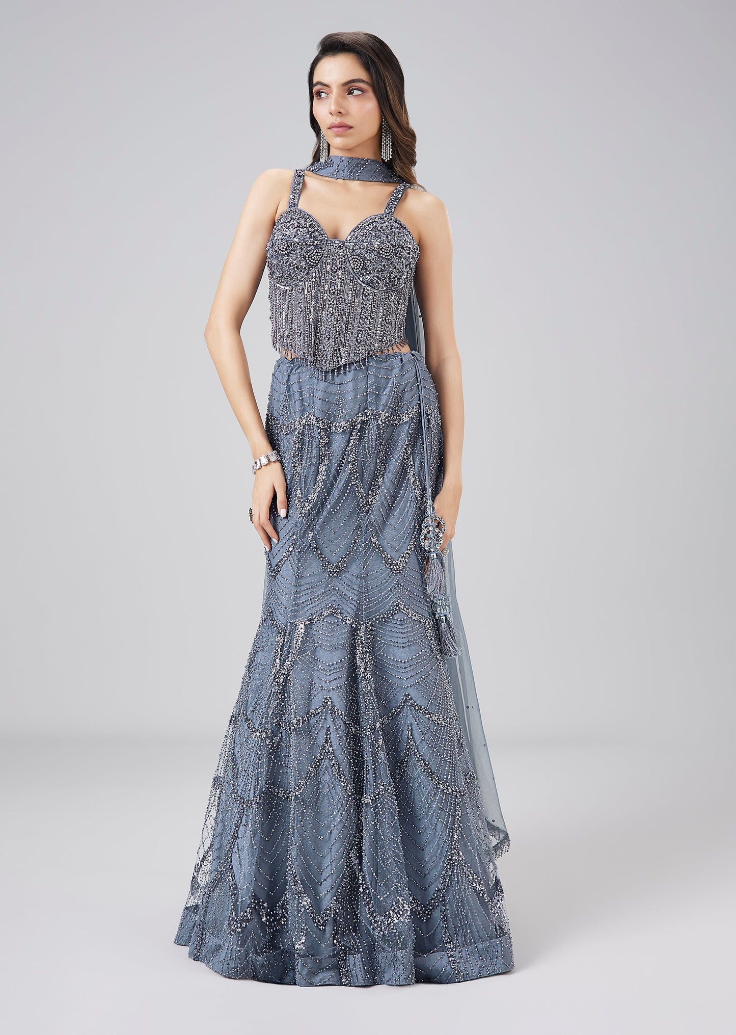 Navy Blue Mermaid Cut Embroidered Lehenga Set