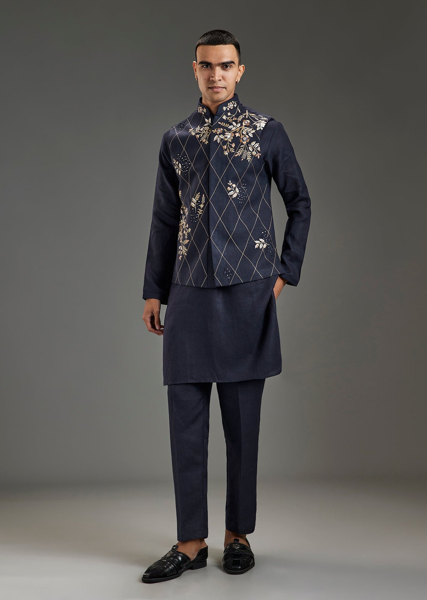 Navy Blue Silk Kurta Jacket Set With Floral Resham Mirror Work