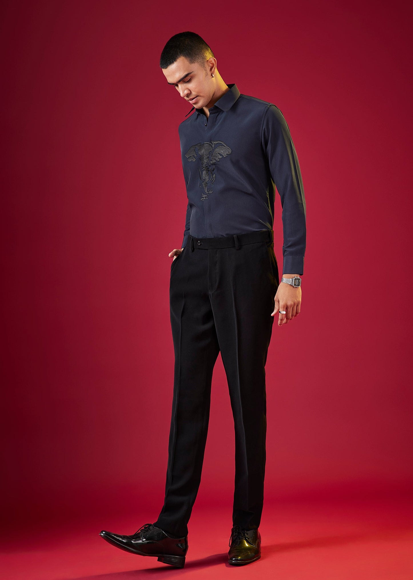 Navy Blue Viscose Thread Resham Embroidered Mens Shirt