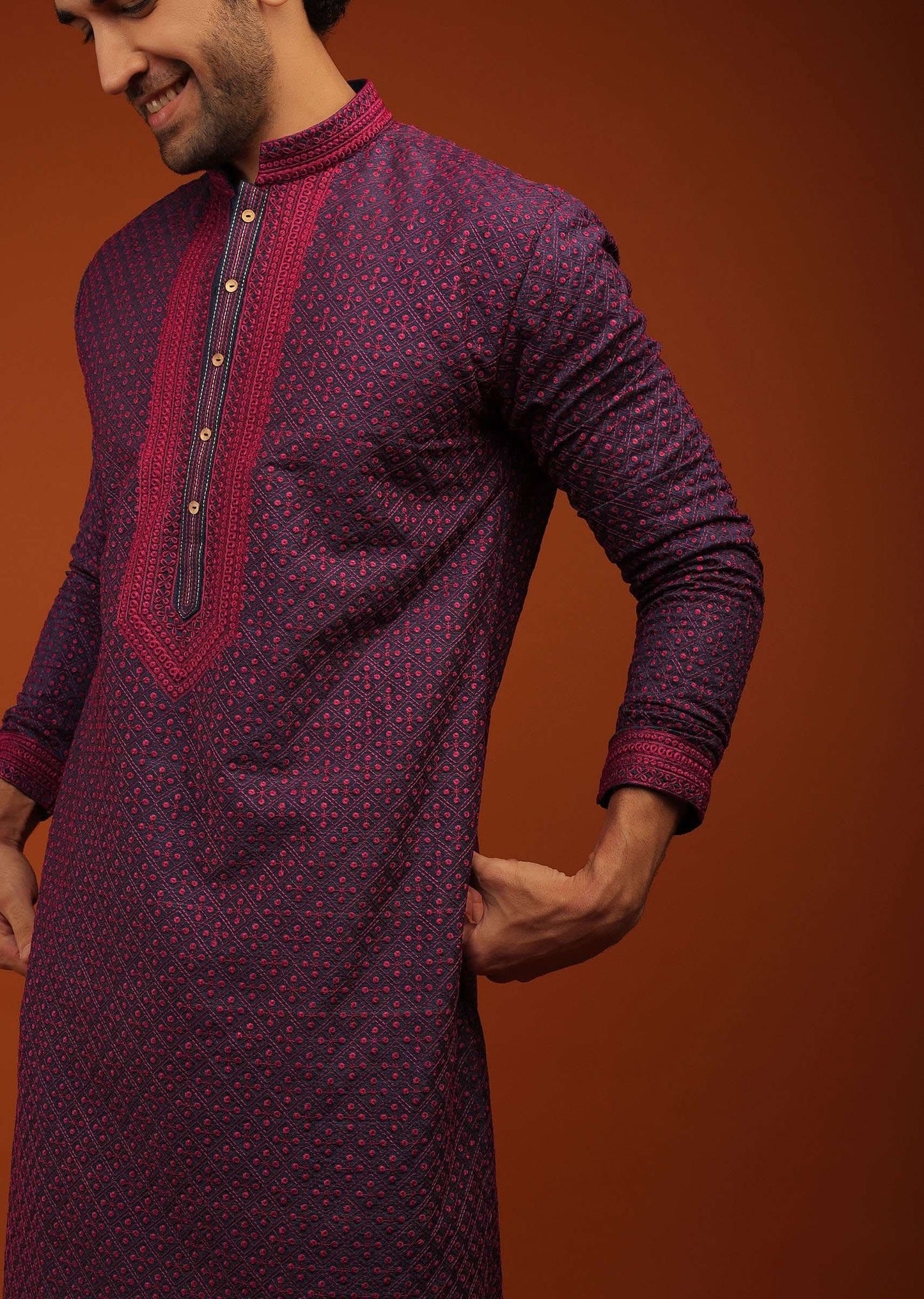 Navy Blue Kurta Set In Lucknow Embroidery