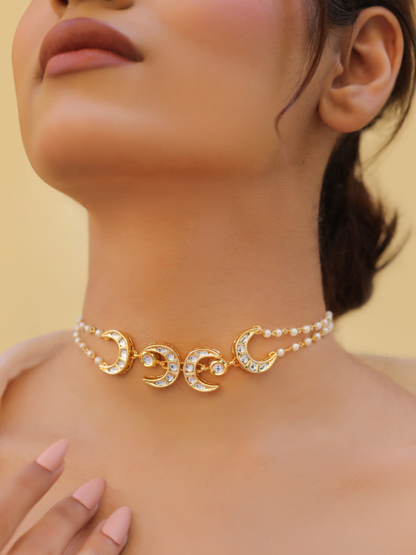 Pearl Beaded Choker with Crescent Moon Kundan Pendant