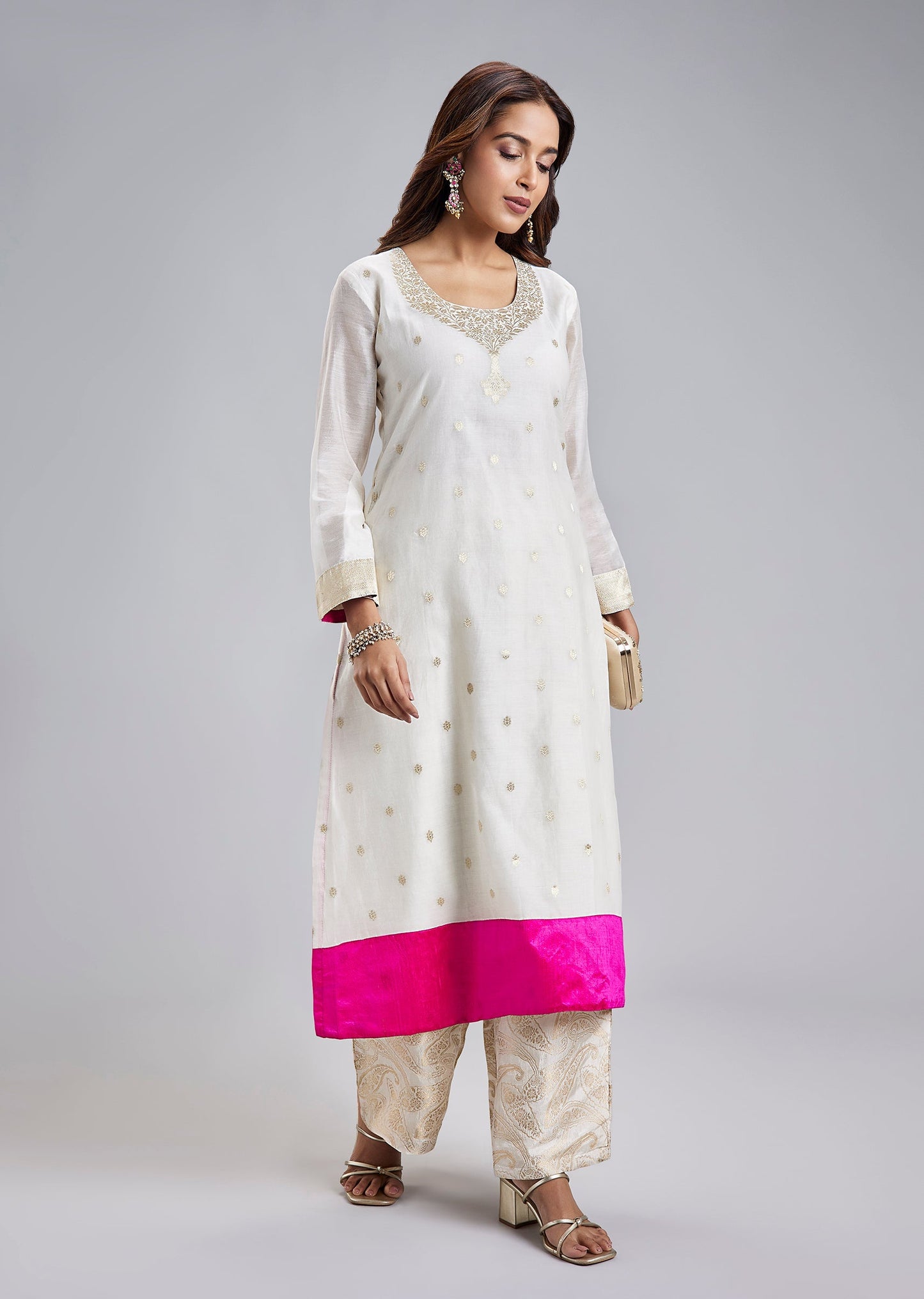 Off White Chanderi Tunic Set With Pink Woven Border