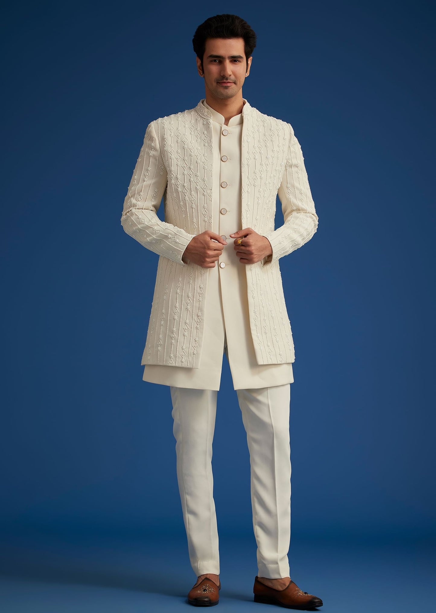 Off White Cotton Satin Sherwani Set With Hand Embroidered Jacket