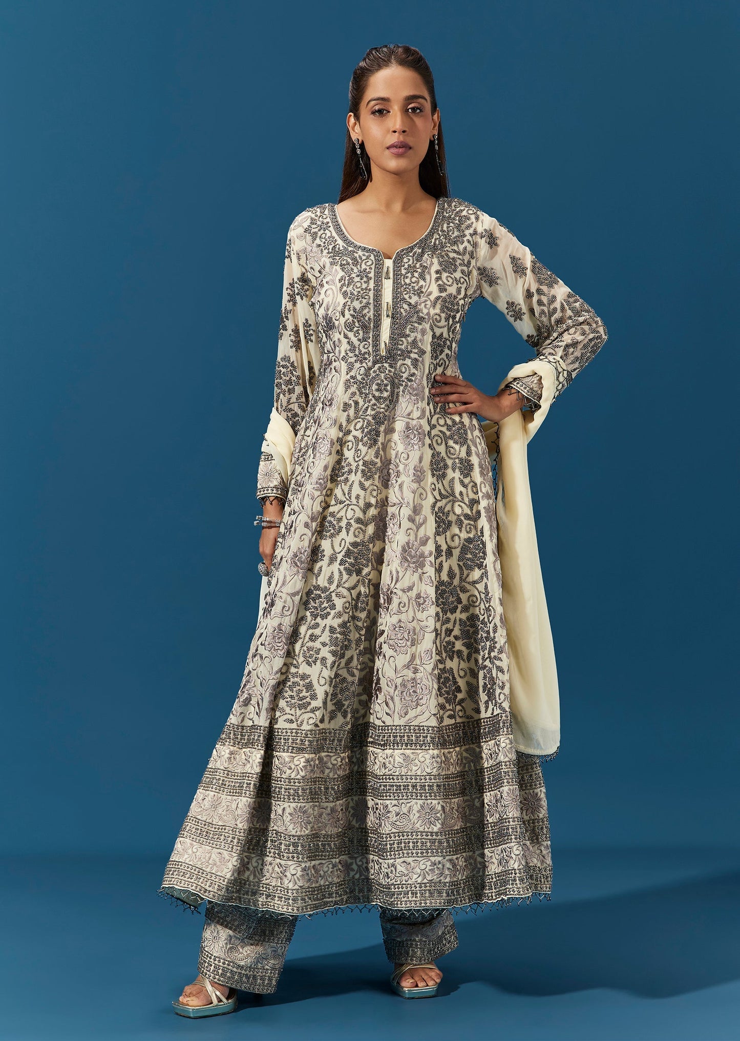 Off White Georgette Anarkali Suit With Floral Resham And Cut Dana Embroidery