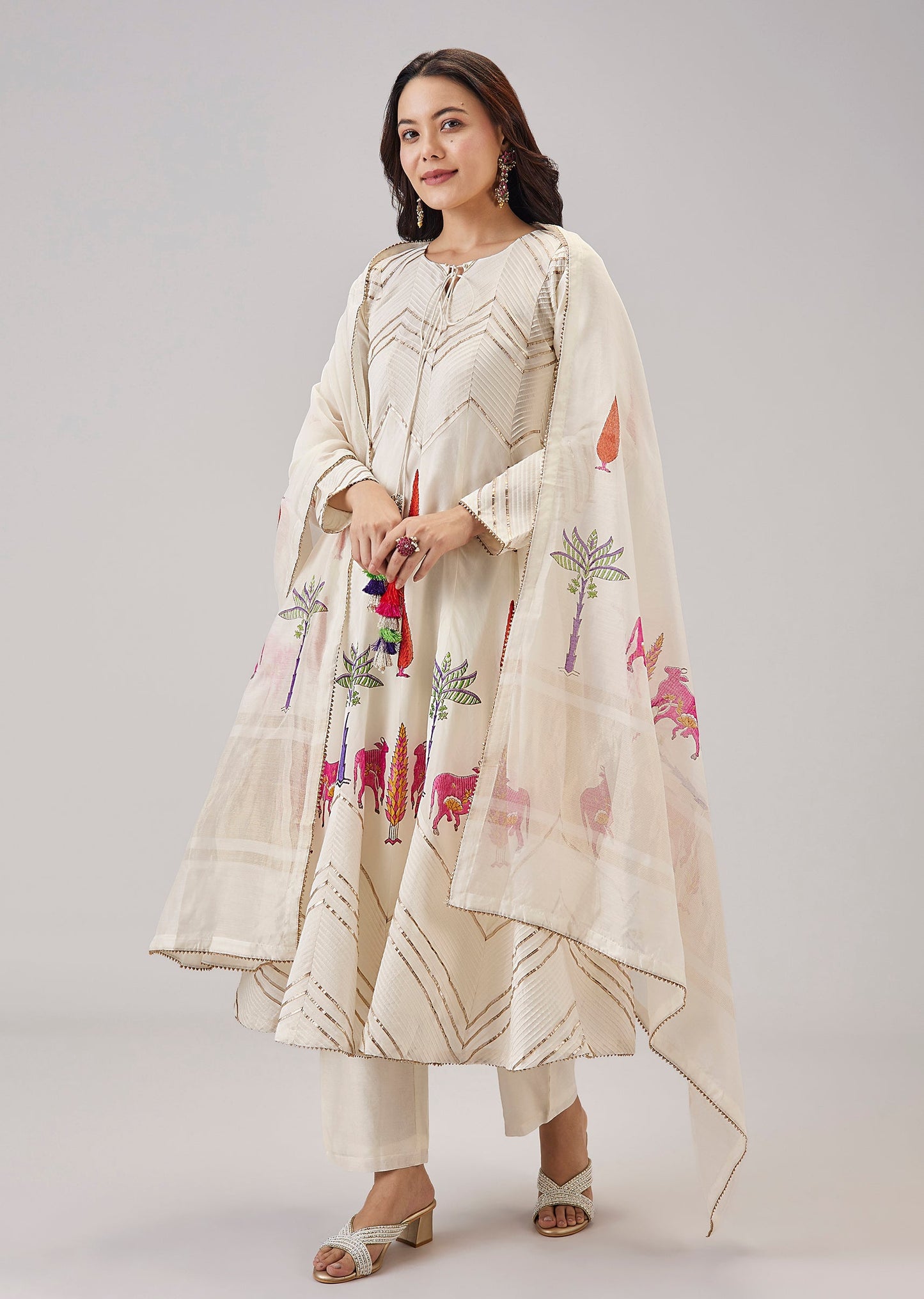 Off White Hand Block Printed Anarkali Adorned with Gota Lace