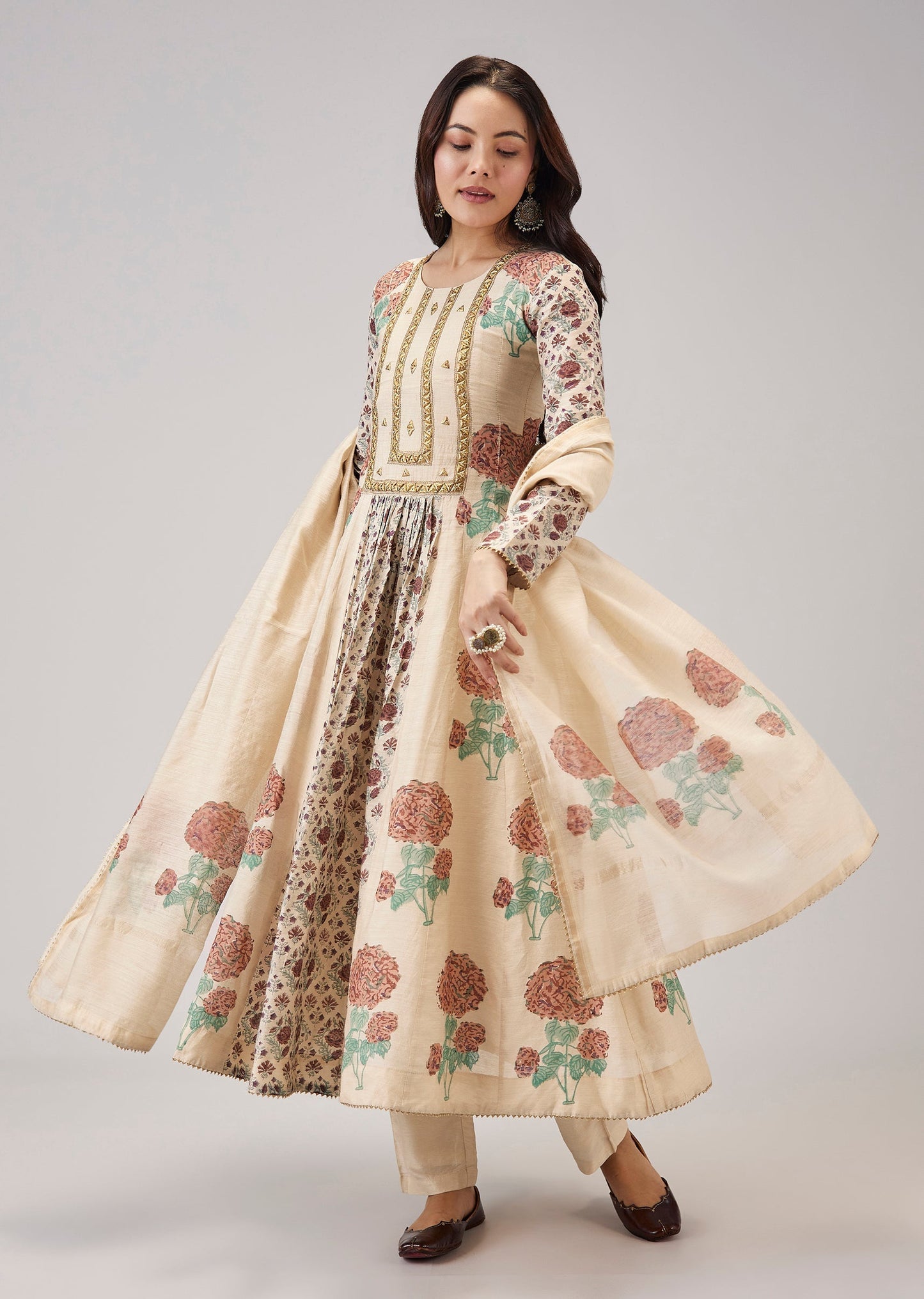 Off White Hand Block Print Anarkali With Sequins Work