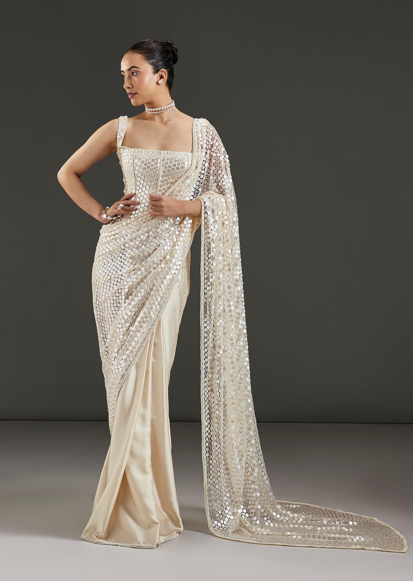 Off White Ready Pleated Saree With Sequin Embellished Square Neck Blouse