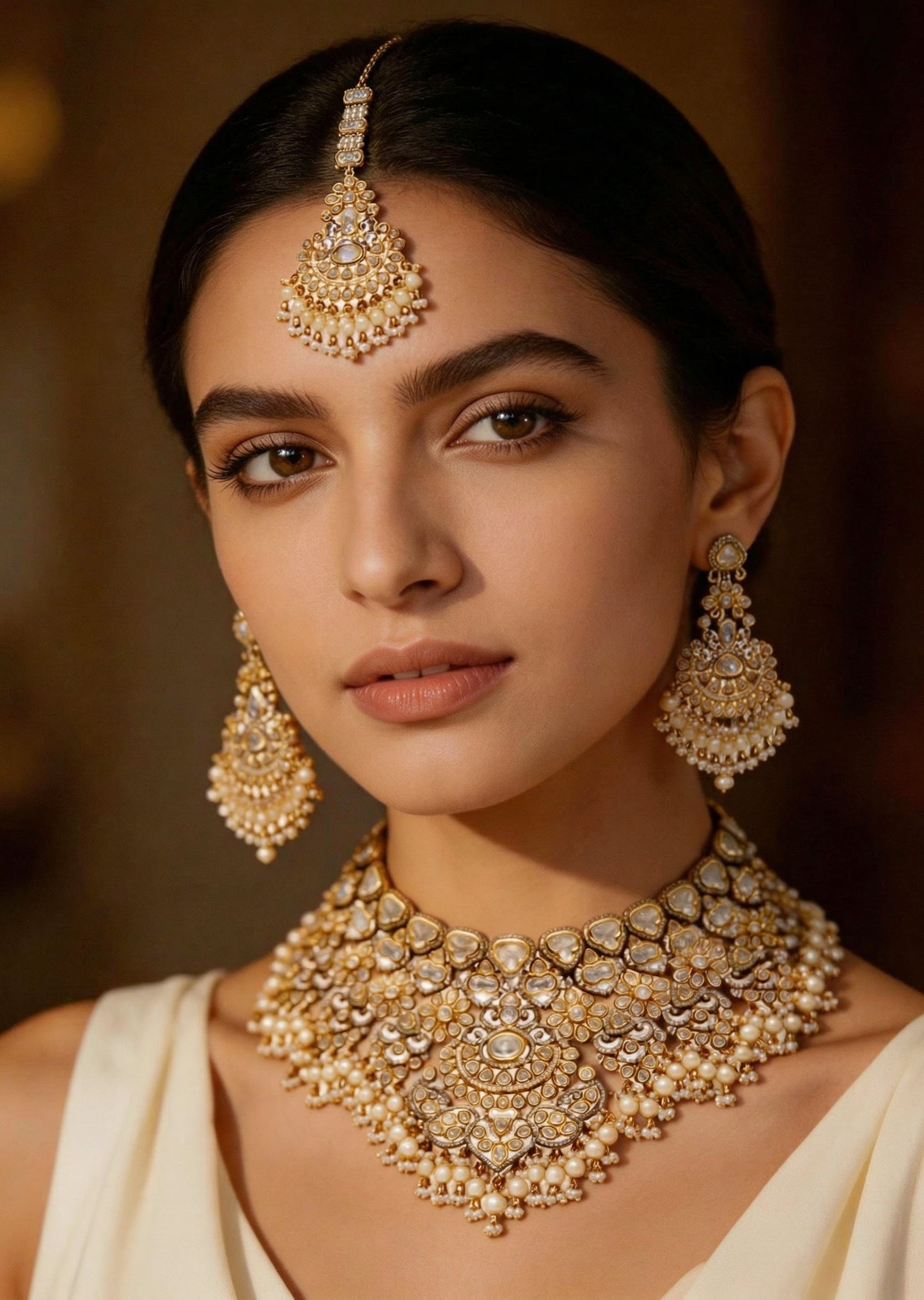 Off White Stone And Beaded Necklace Set With Maangtikka