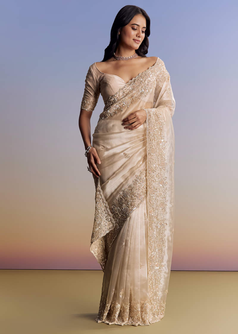 Off White Tissue Saree With Cutdana Floral Embroidery