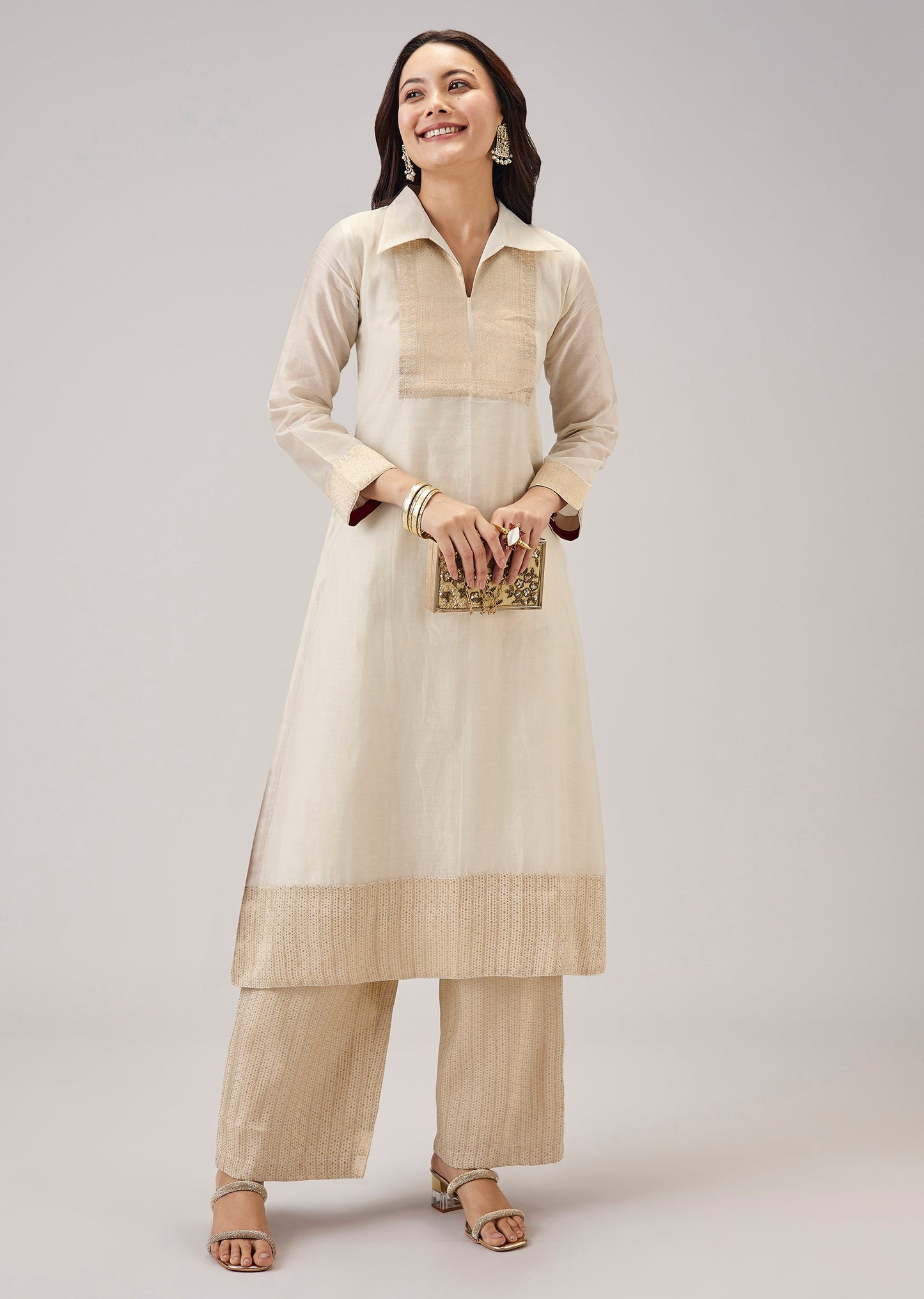 Cream Self Woven Chanderi Kurta Set