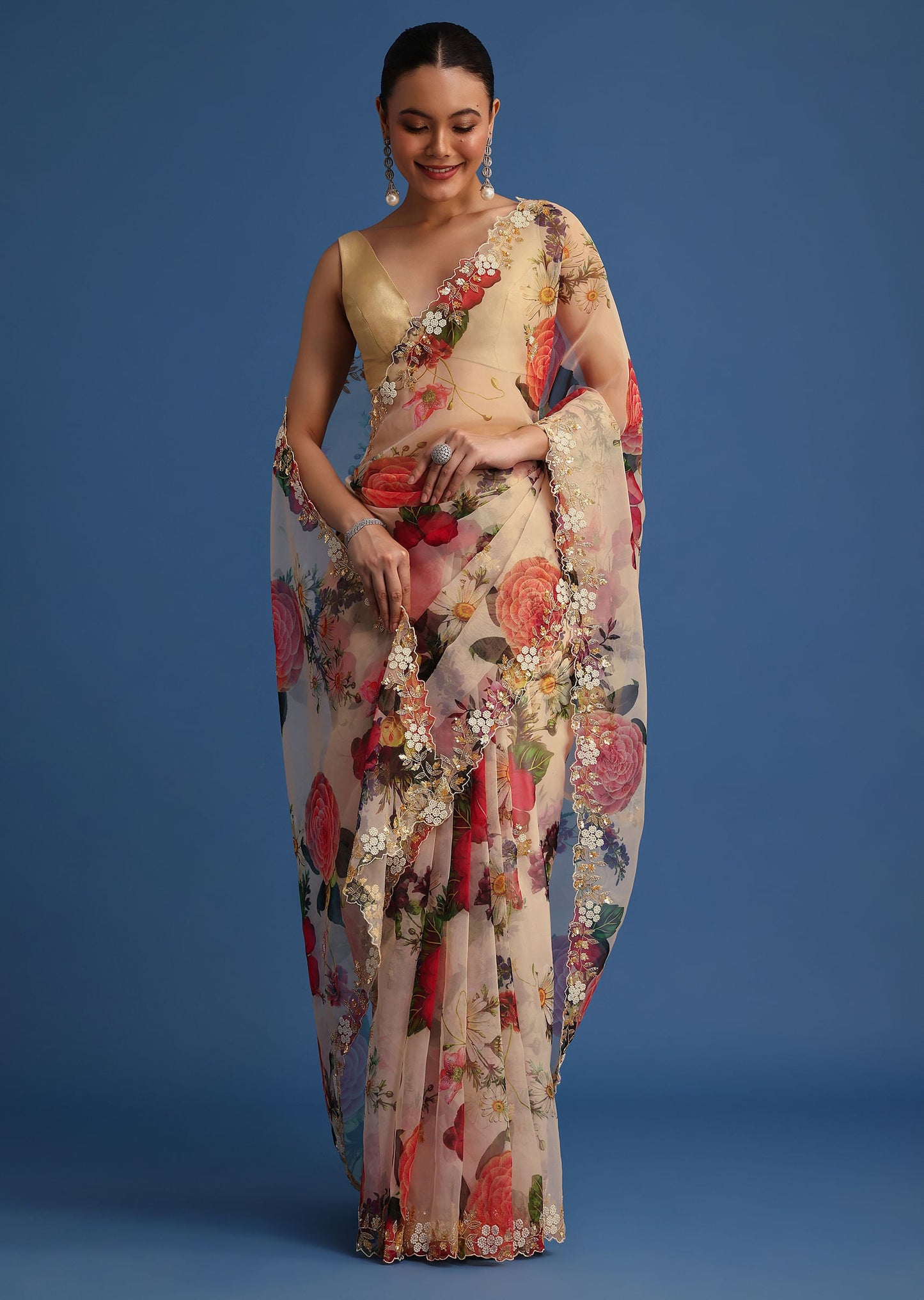 Light beige Organza Floral Printed Saree With Embroidered Border