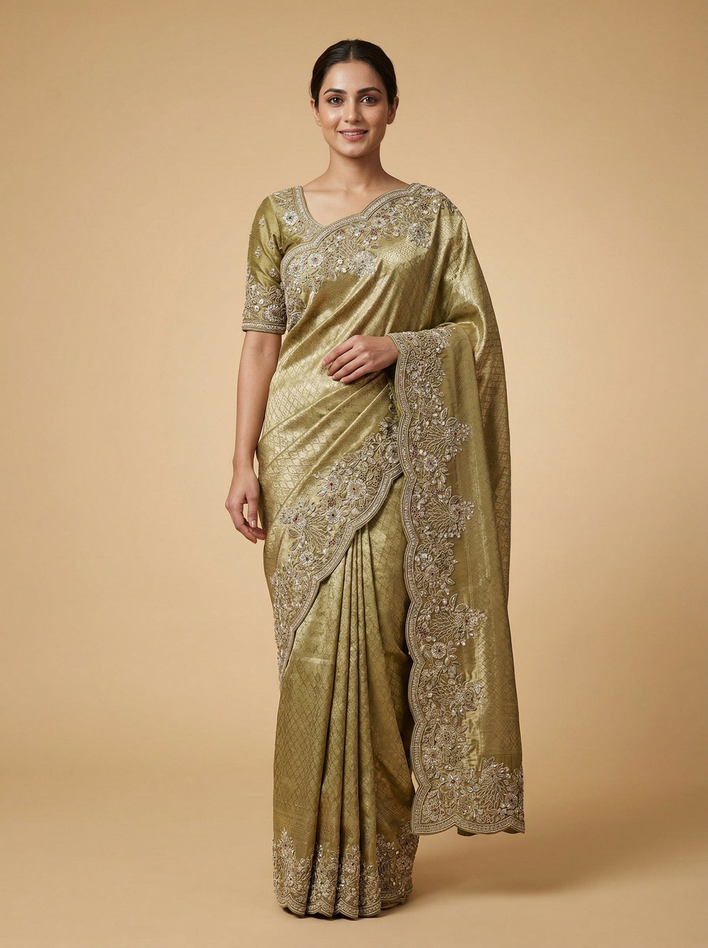 Olive Mehandi Embroidered Saree